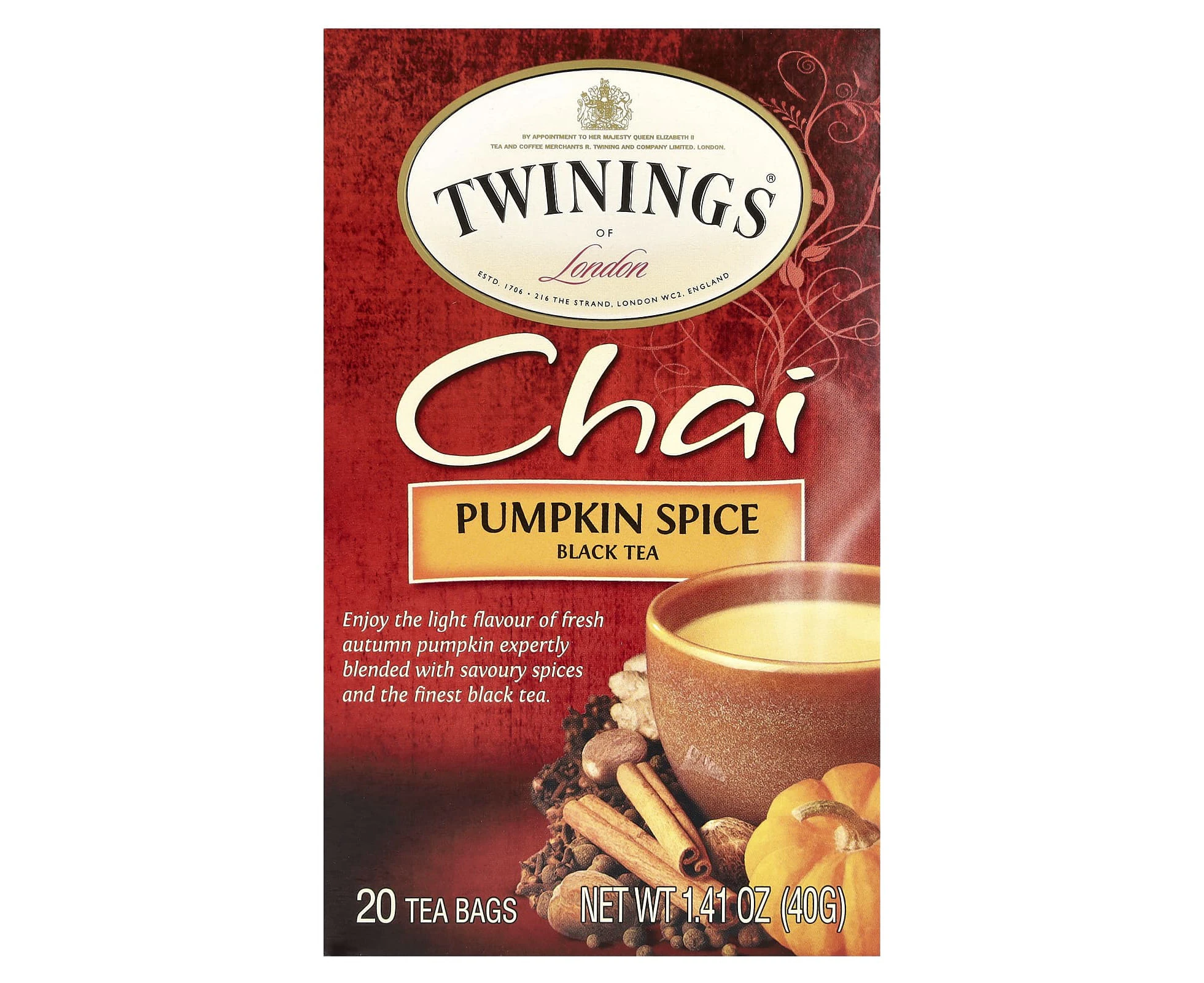 Twinings, Chai Black Tea, Pumpkin Spice, 20 Tea Bags, 1.41 oz (40 g)