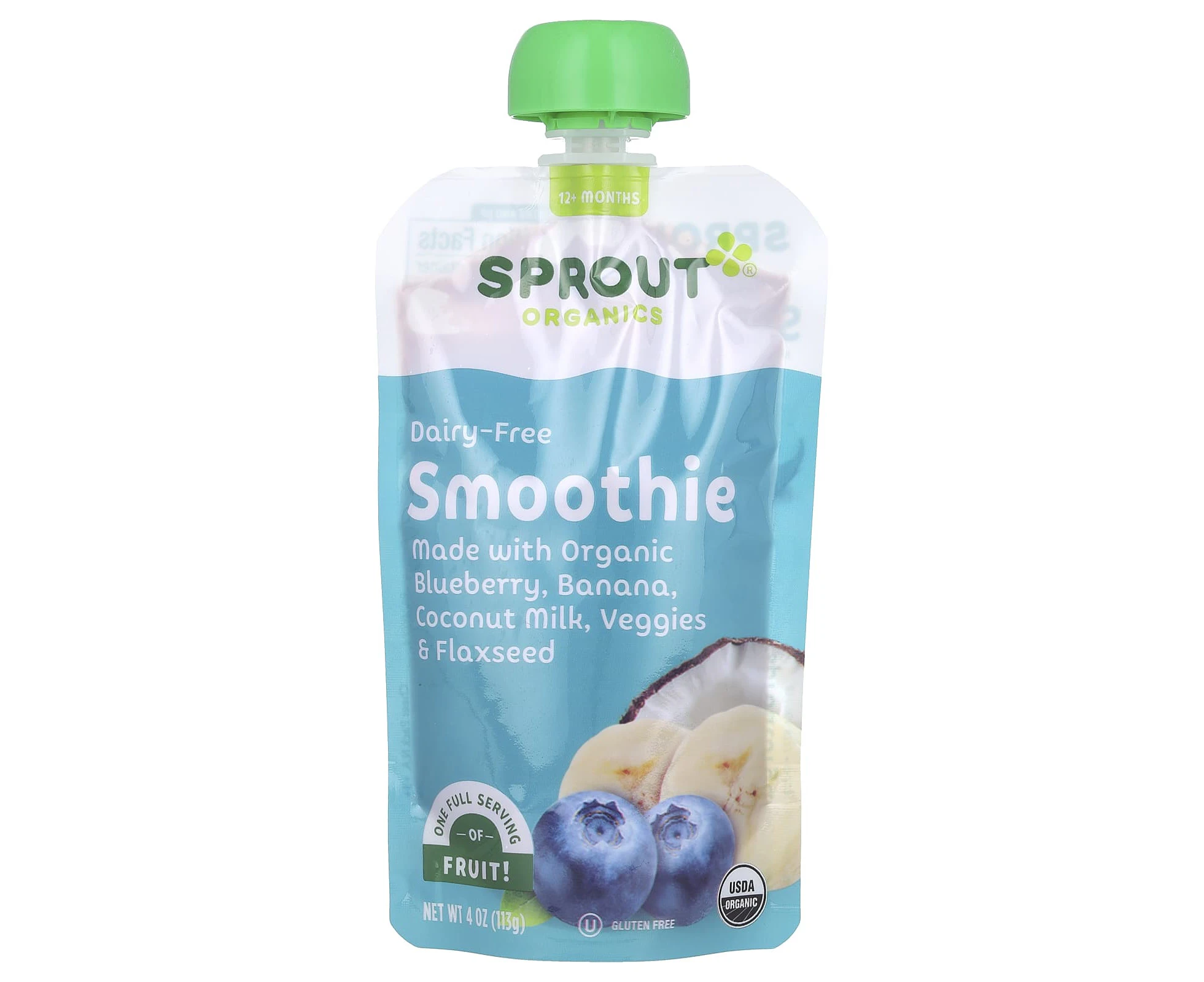 Sprout Organics, Baby Food, Smoothie, 12 Months & Up, Blueberry, Banana, Coconut Milk, Veggies & Flaxseed, 4 oz (113 g)