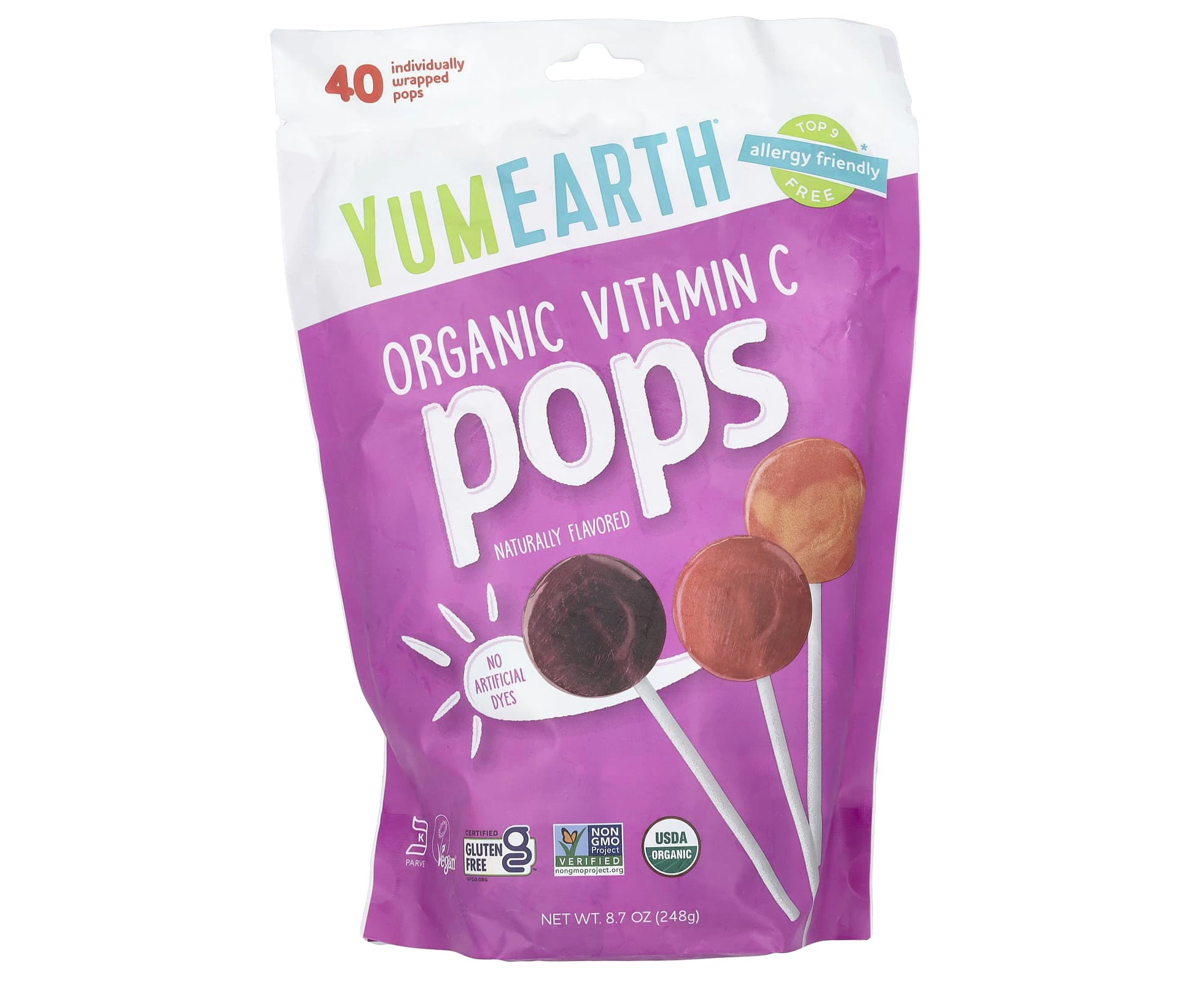 YumEarth, Organic Vitamin C Pops, Assorted, 40 Individually Wrapped Pops, 8.7 oz (248 g)