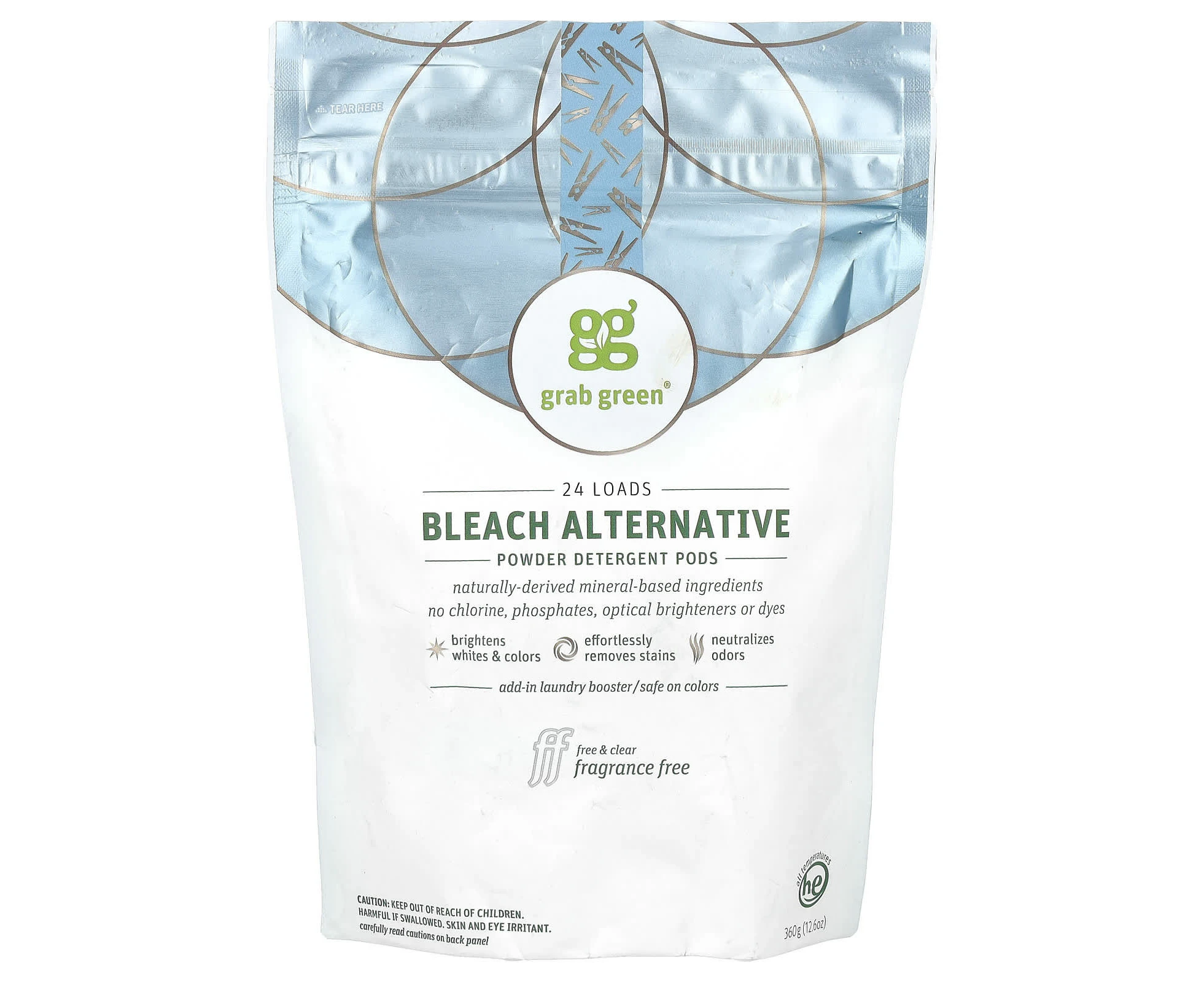 Grab Green, Bleach Alternative Powder Detergent Pods, Fragrance Free, 24 Loads, 12.6 oz (360 g)