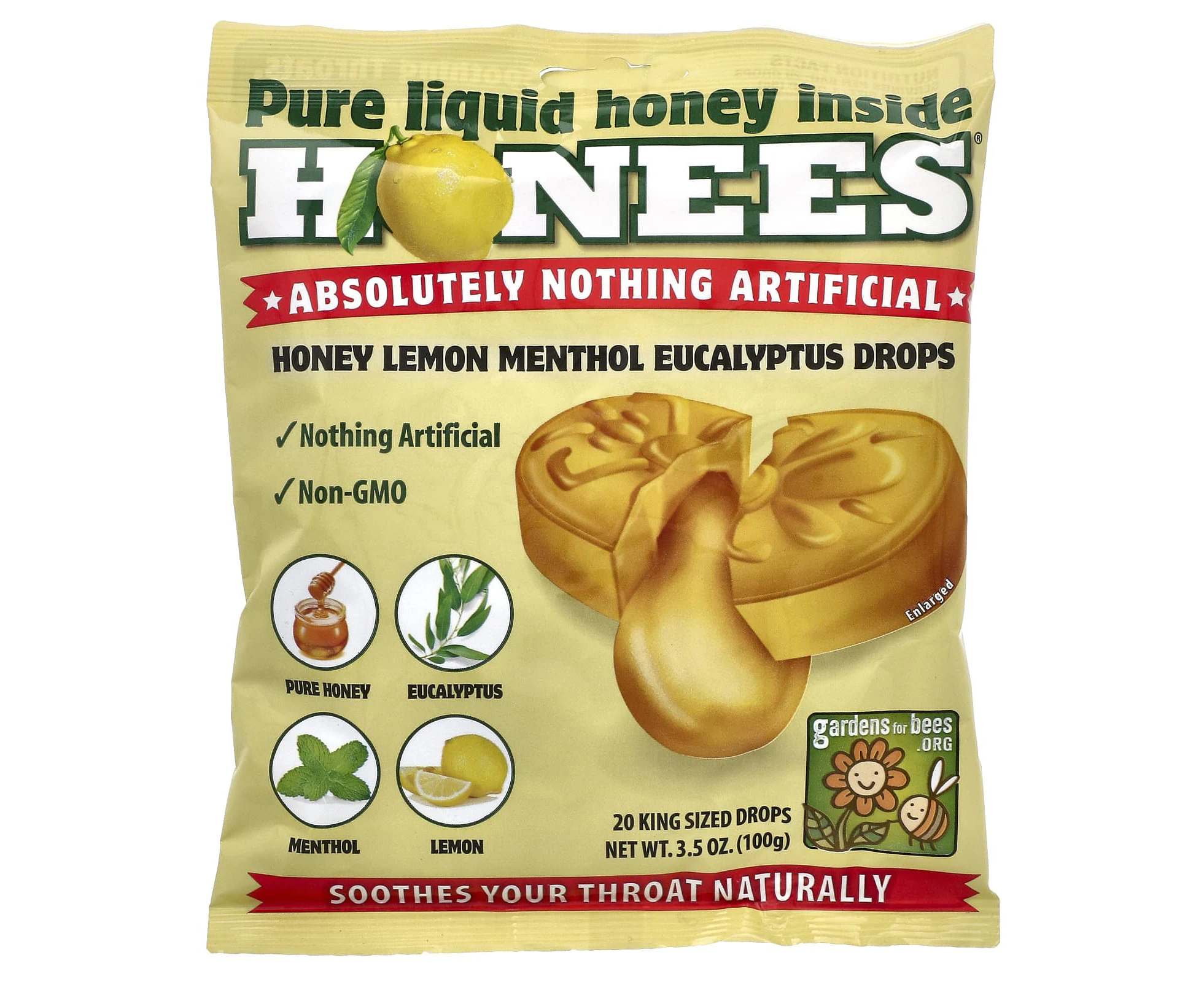 Honees, Honey Lemon Menthol Eucalyptus Cough Drops, 20 King Sized Drops, 3.5 oz (100 g)