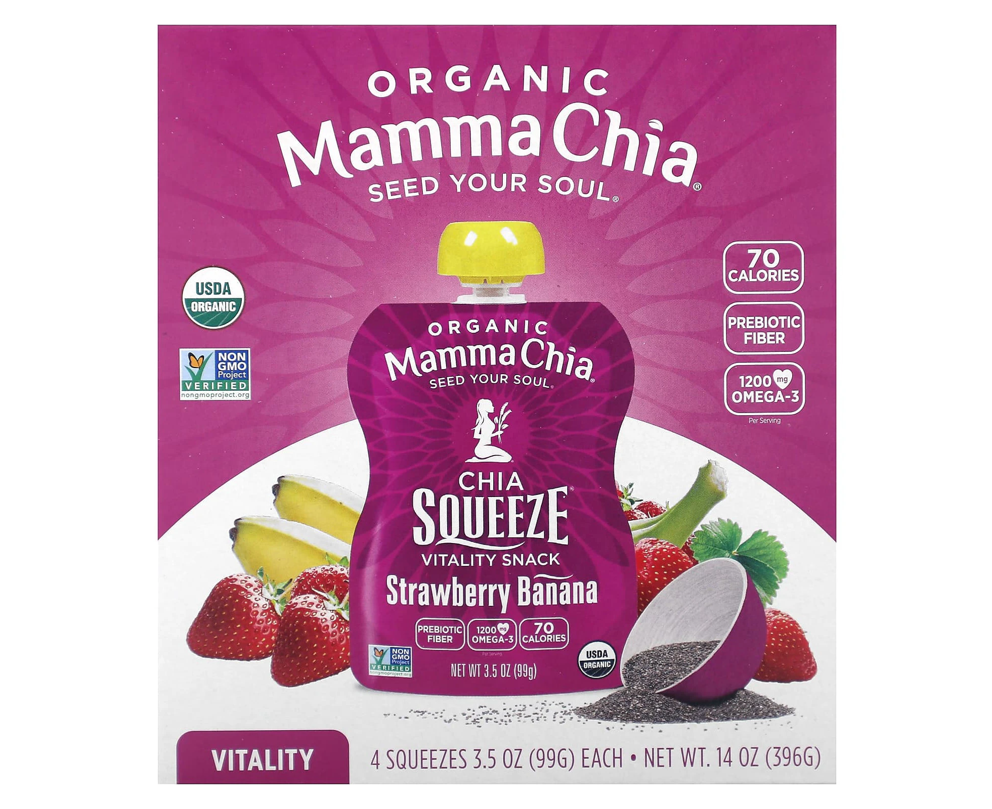 Mamma Chia, Organic Chia Squeeze Vitality Snack, Strawberry Banana, 4 Pack, 3.5 oz (99 g) Each