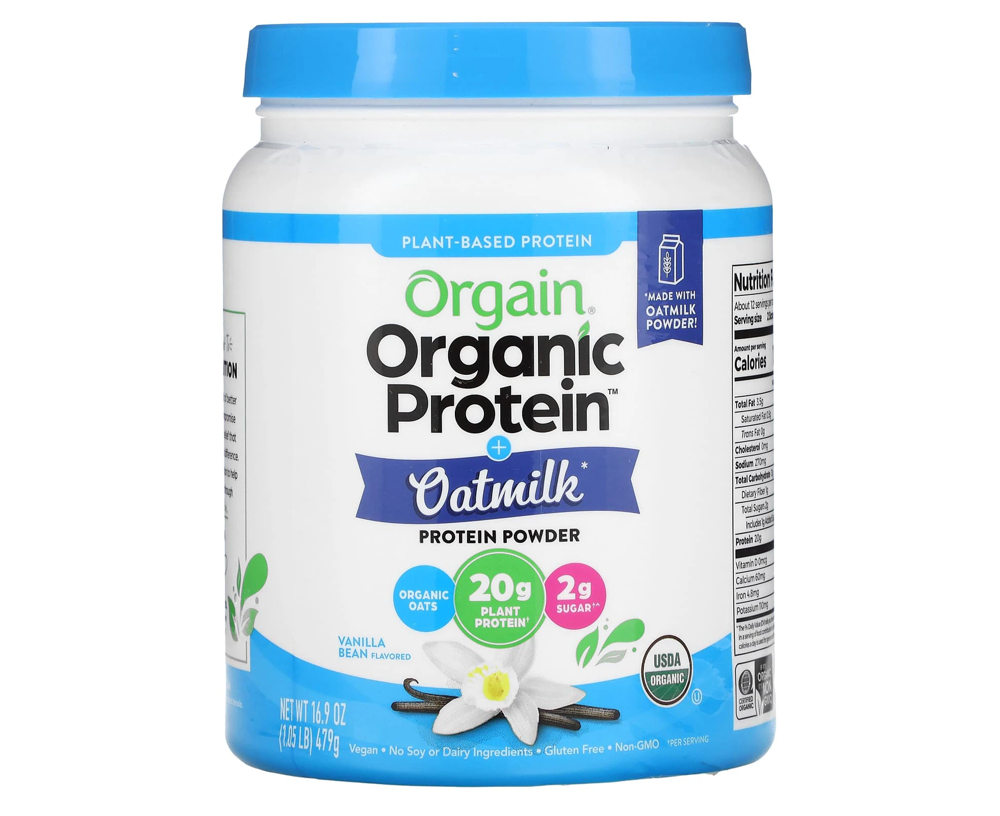 Orgain, Organic Protein Powder + Oatmilk, Plant Based, Vanilla Bean, 1.05 lb (479 g)