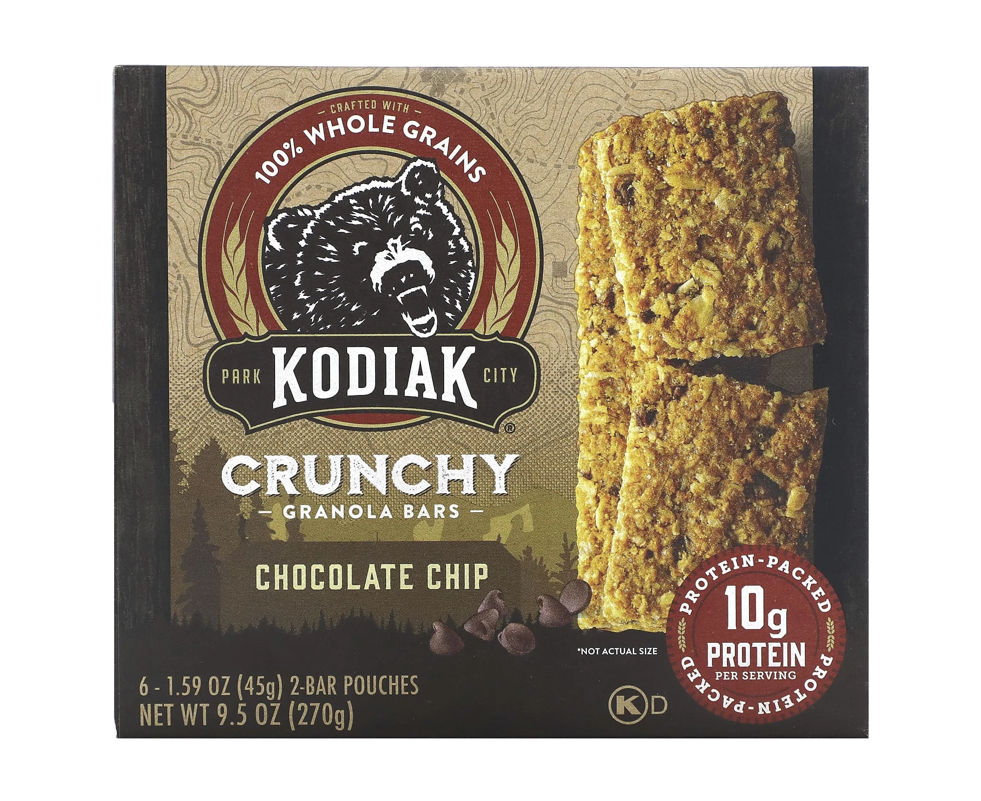 Kodiak Cakes, Crunchy Granola Bars, Chocolate Chip, 6 2-Bar Pouches, 1.59 oz (45 g) Each