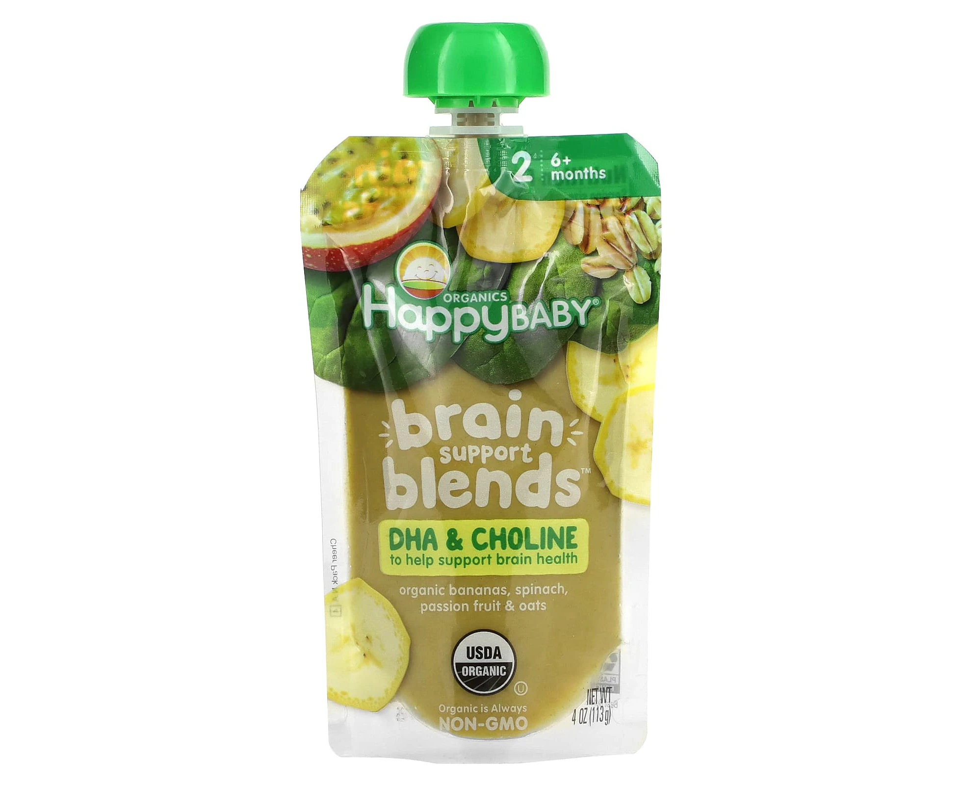 Happy Family Organics, Happy Baby, Brain Support Blends, 6+ Months, Organic Bananas, Spinach, Passion Fruit & Oats, 4 oz (113 g)