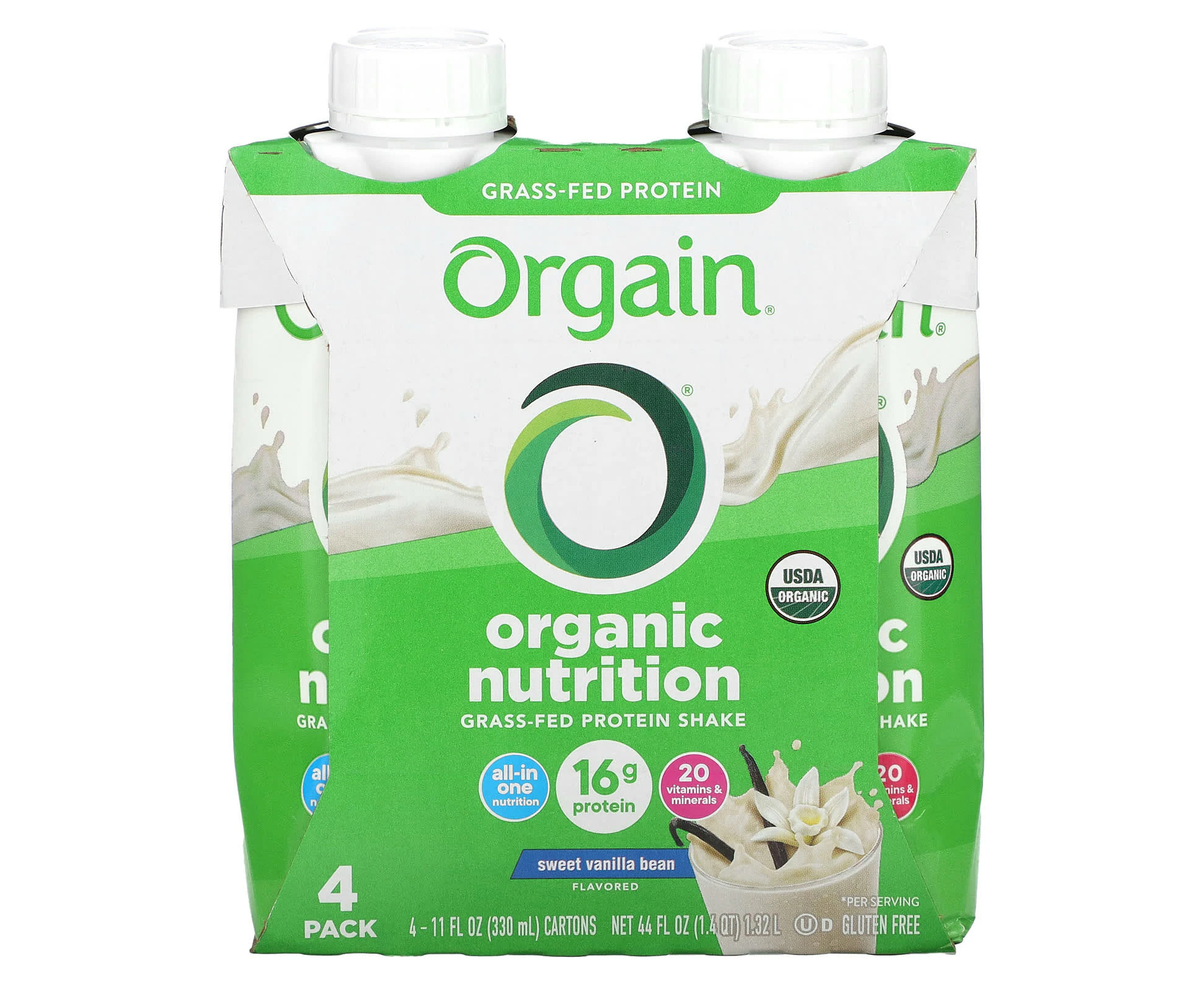 Orgain, Organic Nutrition, Grass-Fed Protein Shake,  Sweet Vanilla Bean, 4 Pack, 11 fl oz (330 ml) Each