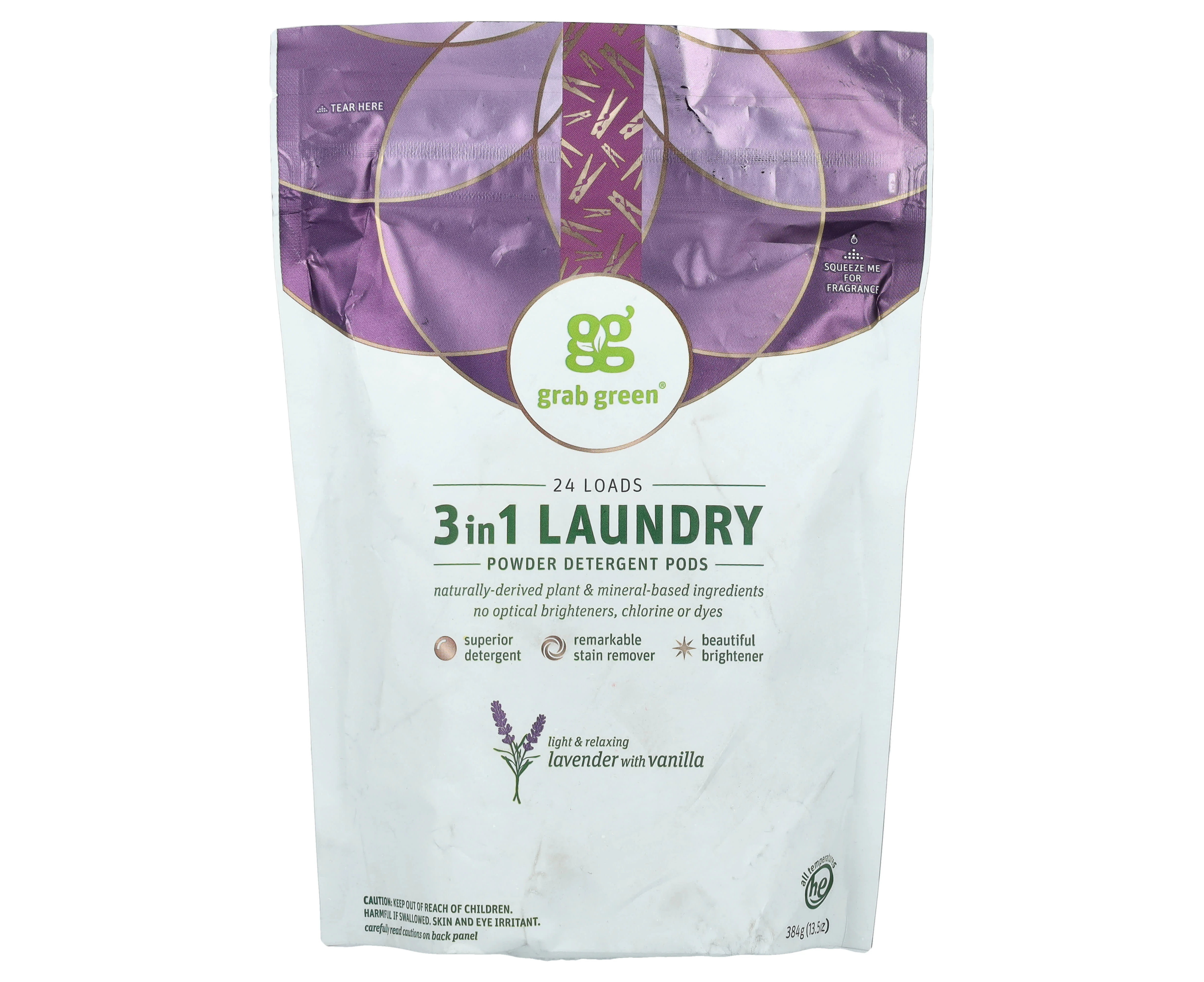 Grab Green, 3 in 1 Laundry Powder Detergent Pods, Lavender with Vanilla, 24 Loads, 13.5 oz (384 g)