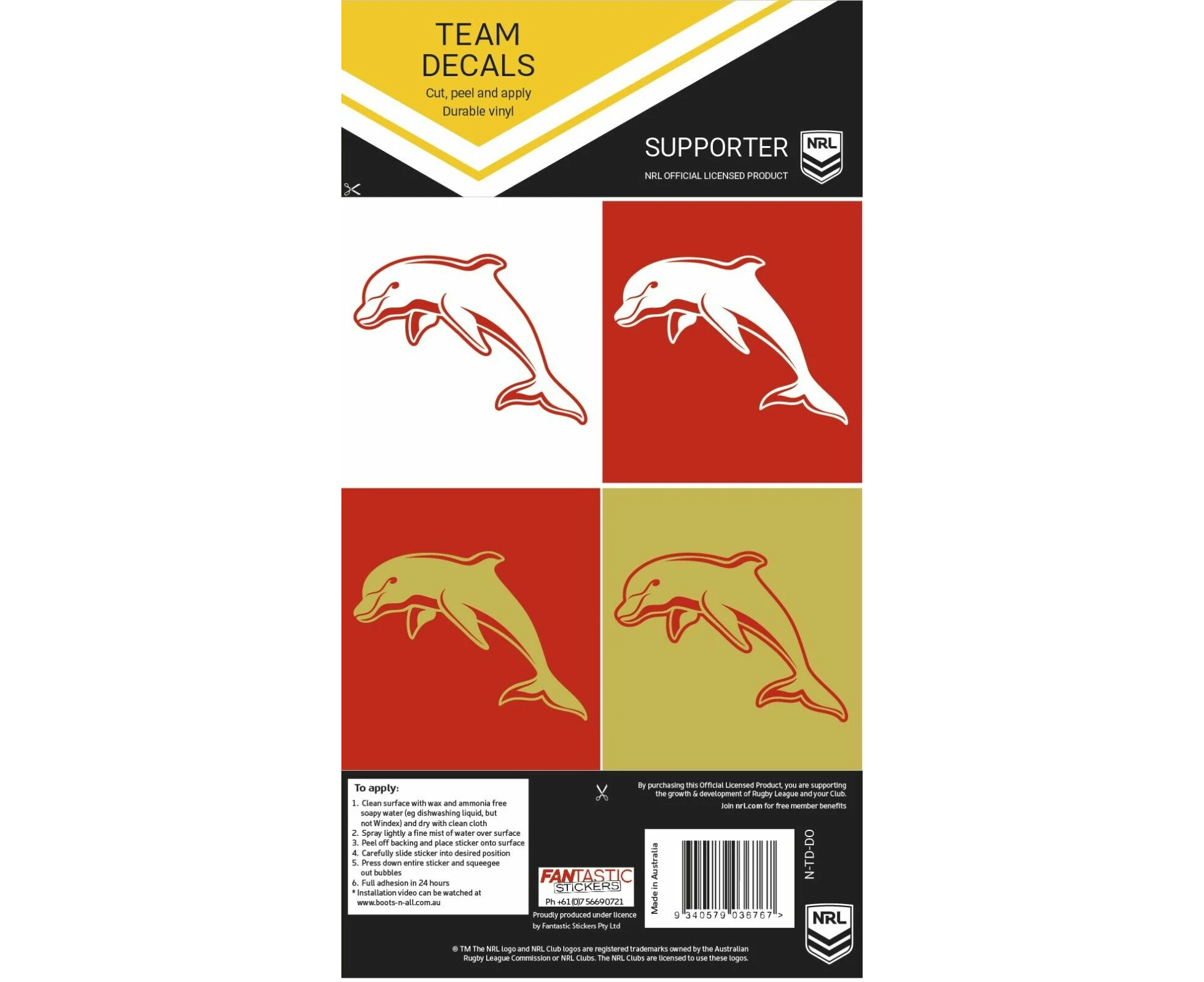 NRL Team Decal Sticker Set - Dolphins - Set of 4 - Team logo