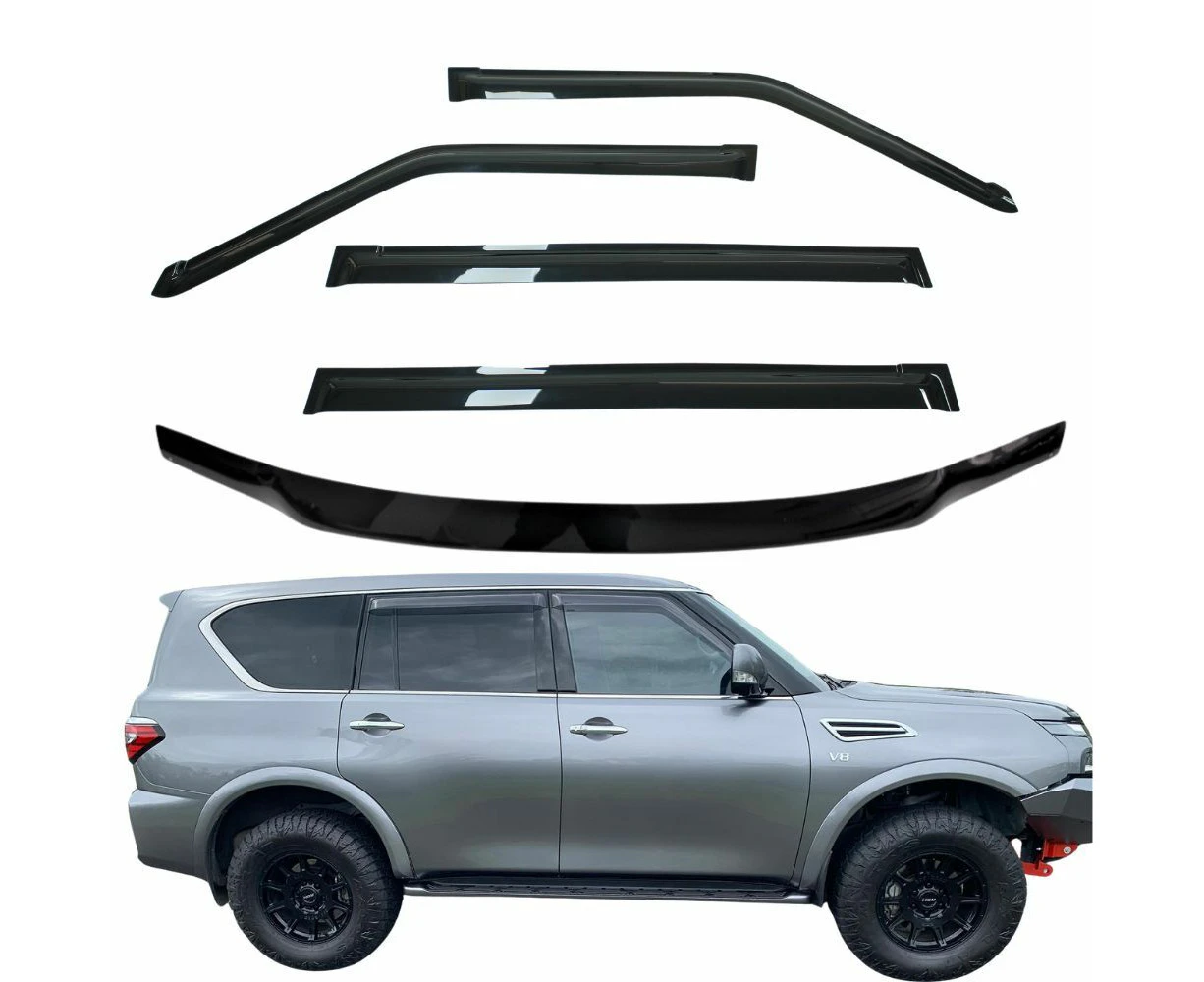 Bonnet Protector & Weather Shields fits Nissan Patrol Y62 2012 - 2019 Black Weathershields Visors Strips Window