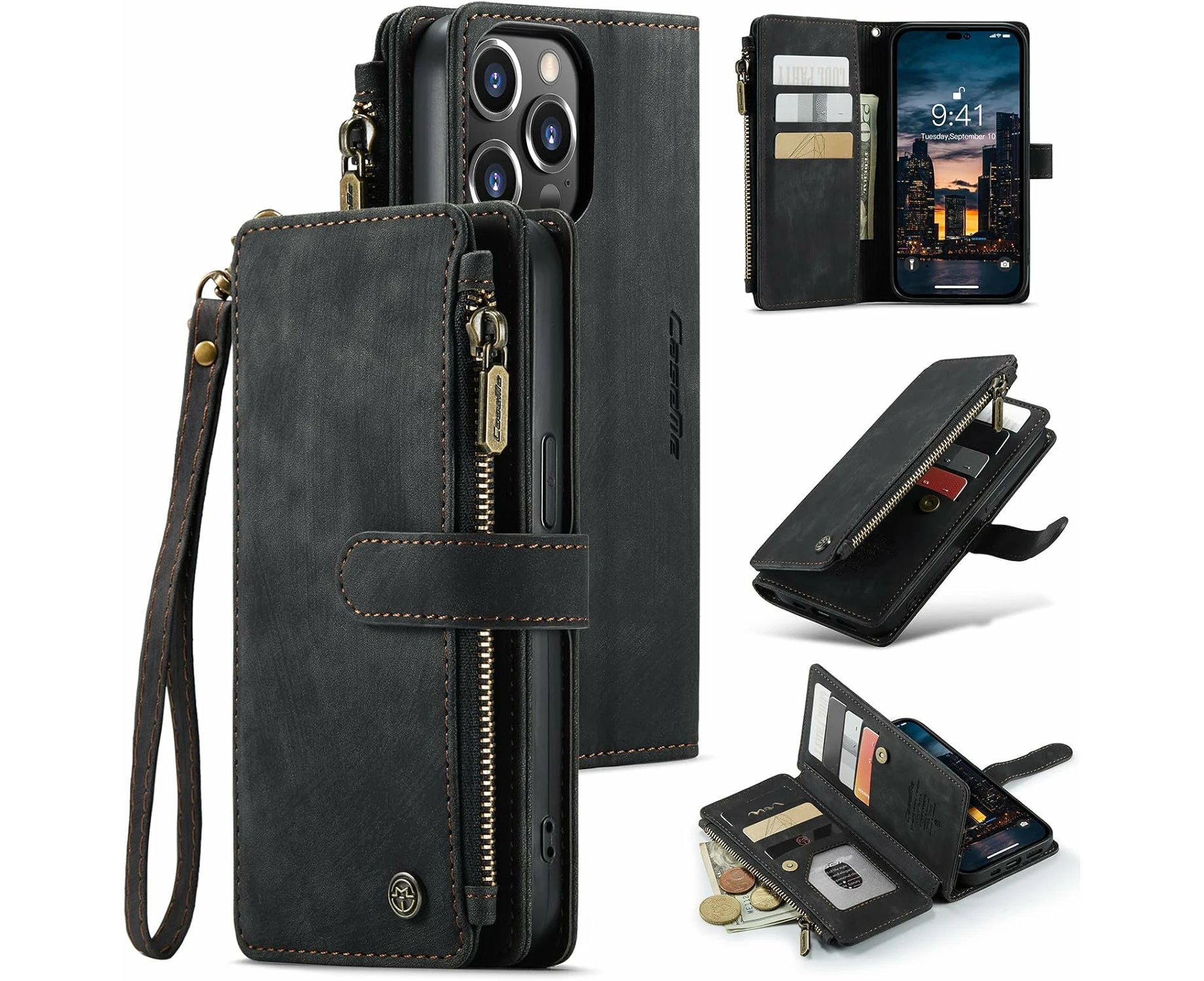 For iPhone 16 Pro Max Caseme Double Wallet Flip Zipper Card Holder Phone Case - Black