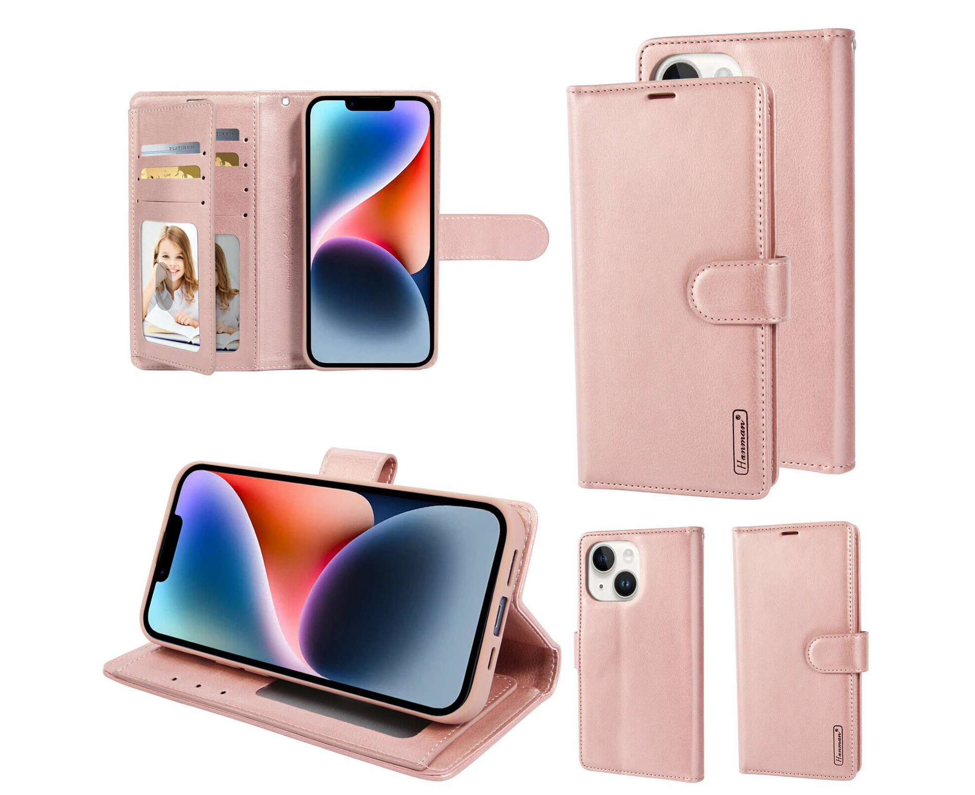 For Apple iPhone 16 Pro Max Hanman 7 Cards Wallet Flip Card Holder Phone Case - Rose Gold