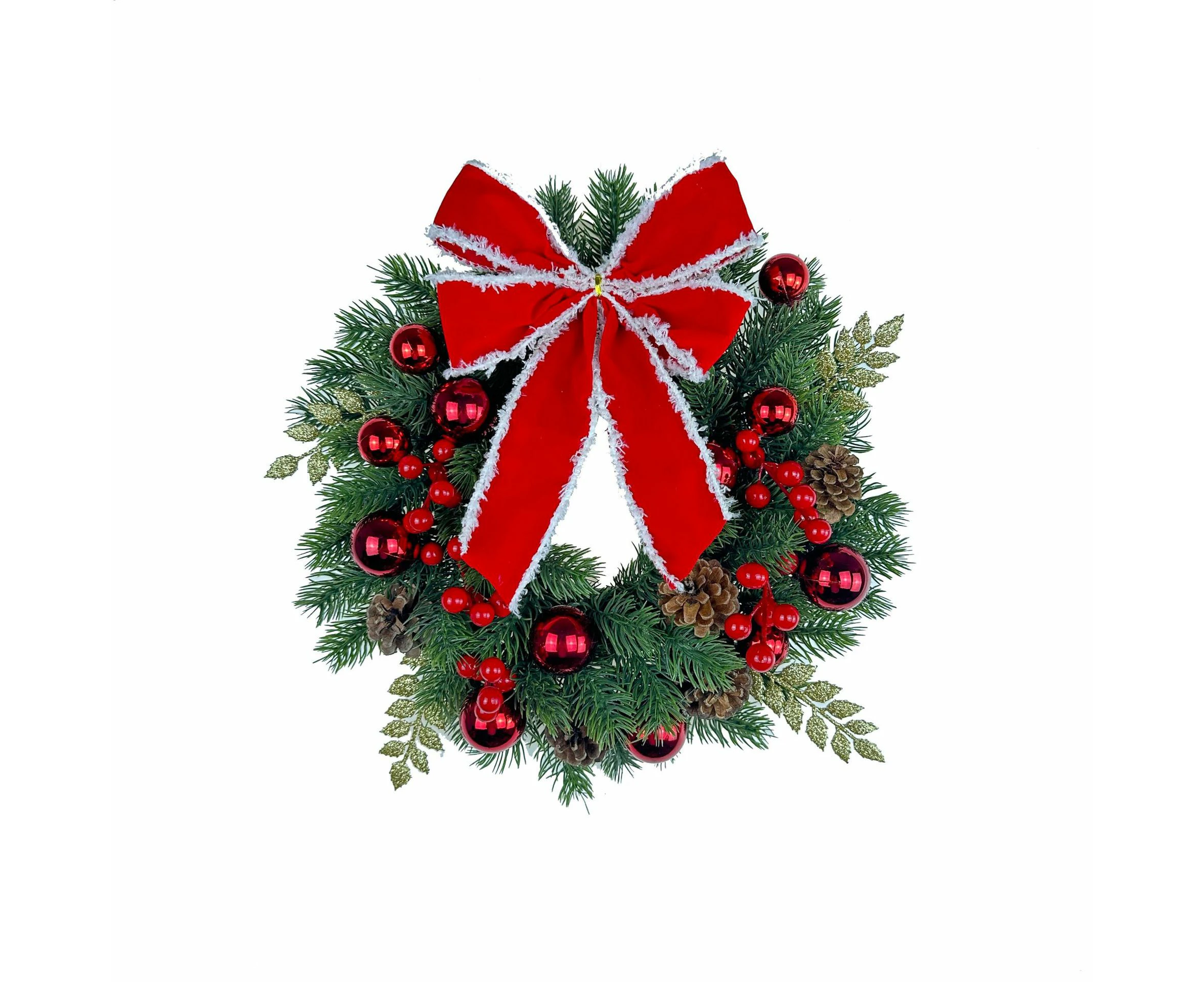 Christmas Decoration Wreath for Front Door, Wall Hanging Snowball Red Berry Pine Cone Garland Ornament for Xmas Party Indoors - 33cm