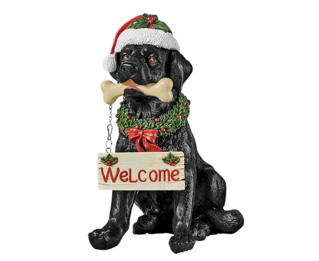 Black Labrador Decor with Santa Hat Christmas Watchdog Welcome Dog Statue Resin Crafts for Doorways Cabinets and Porches