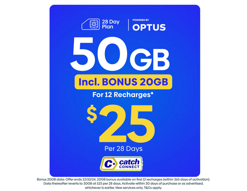 Catch Connect 28 Day Mobile Plan - 30GB (+20GB Bonus Data)