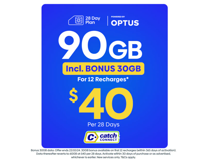 Catch Connect 28 Day Mobile Plan - 60GB (+30GB Bonus Data)