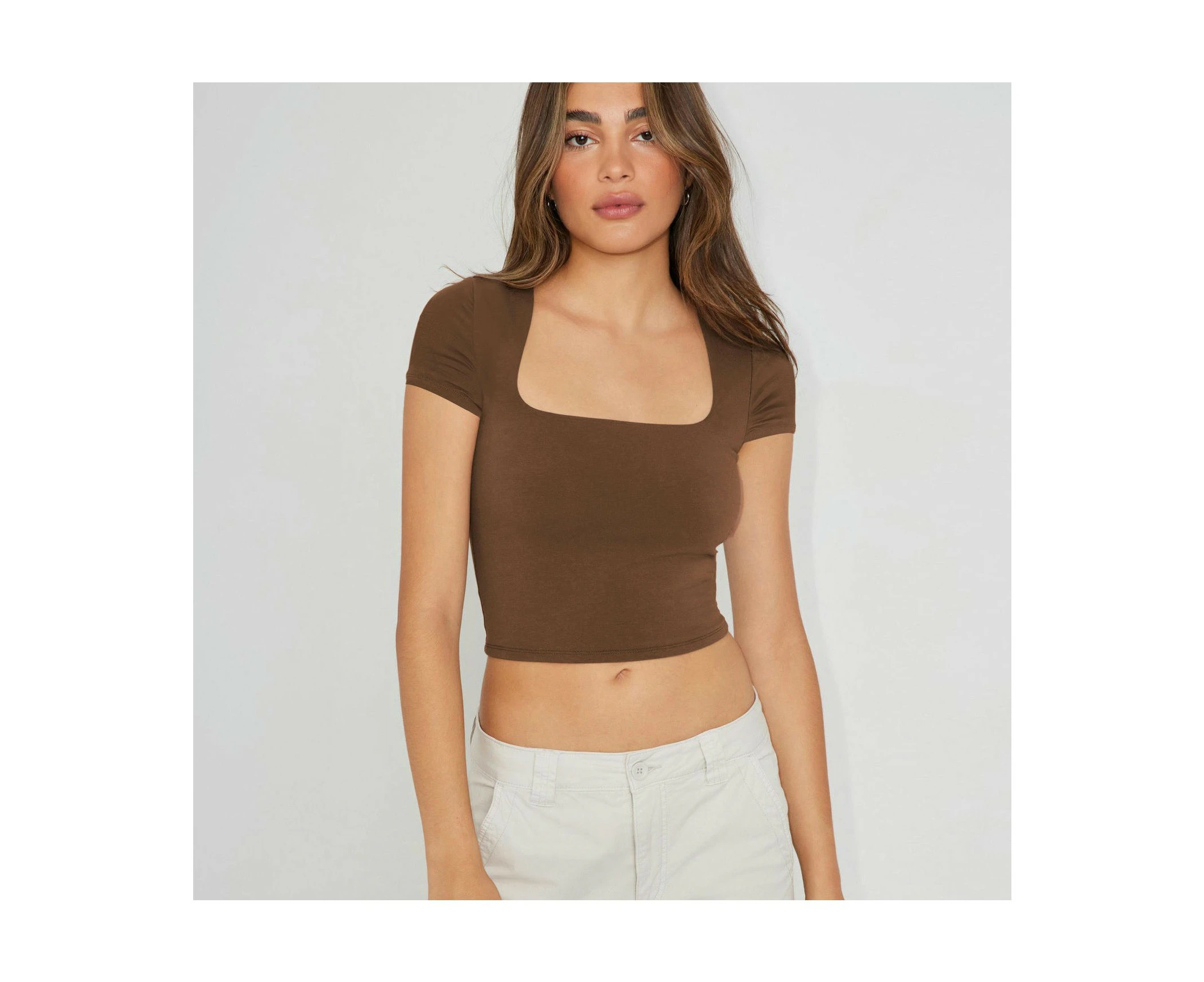 Short Sleeve Crop Tops for Women Summer Square Neck Cropped Basic T Shirts-Coffee