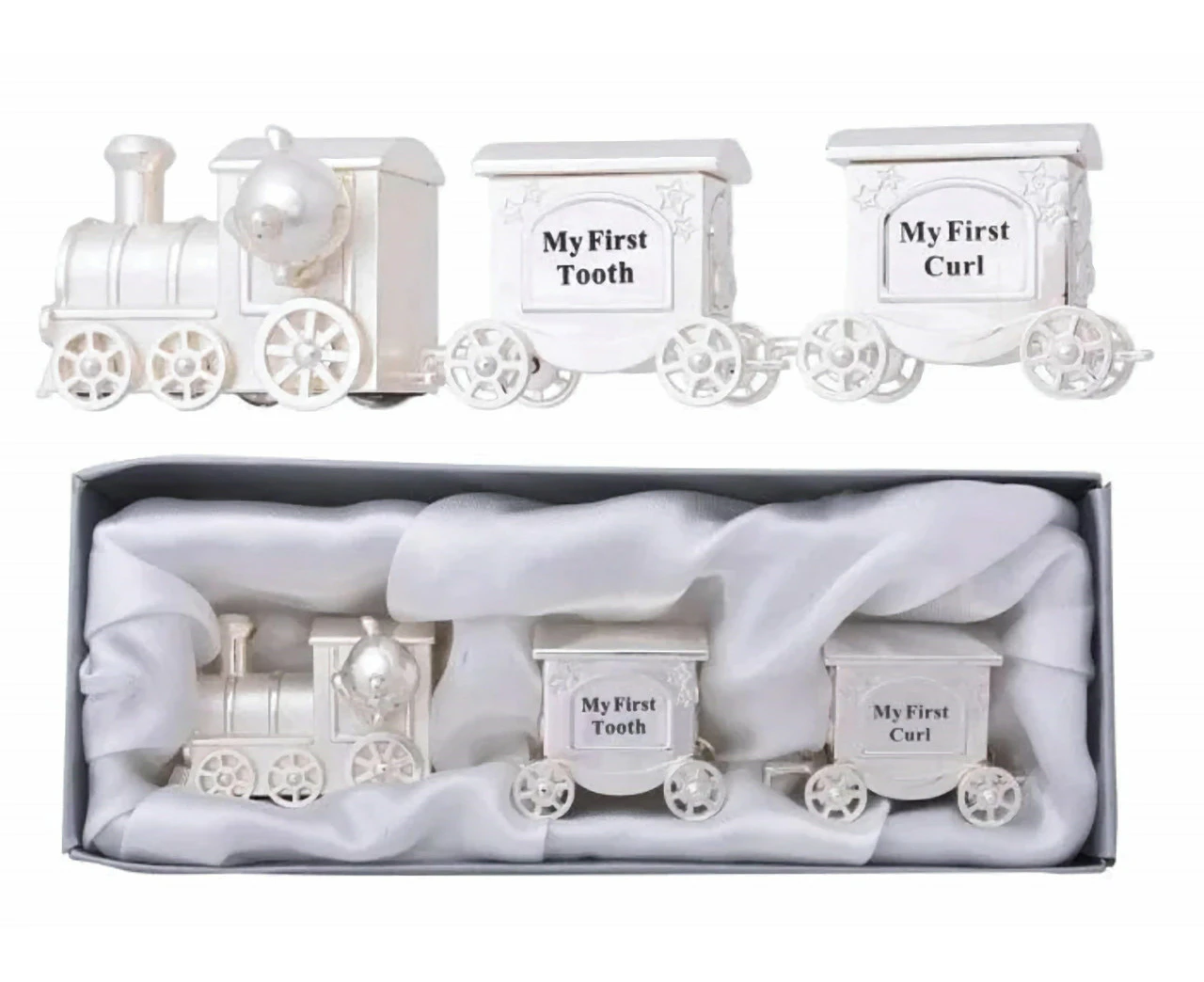 Baby Tooth Keepsake Box First Curl Girl Boy Christening Gifts Silver Train