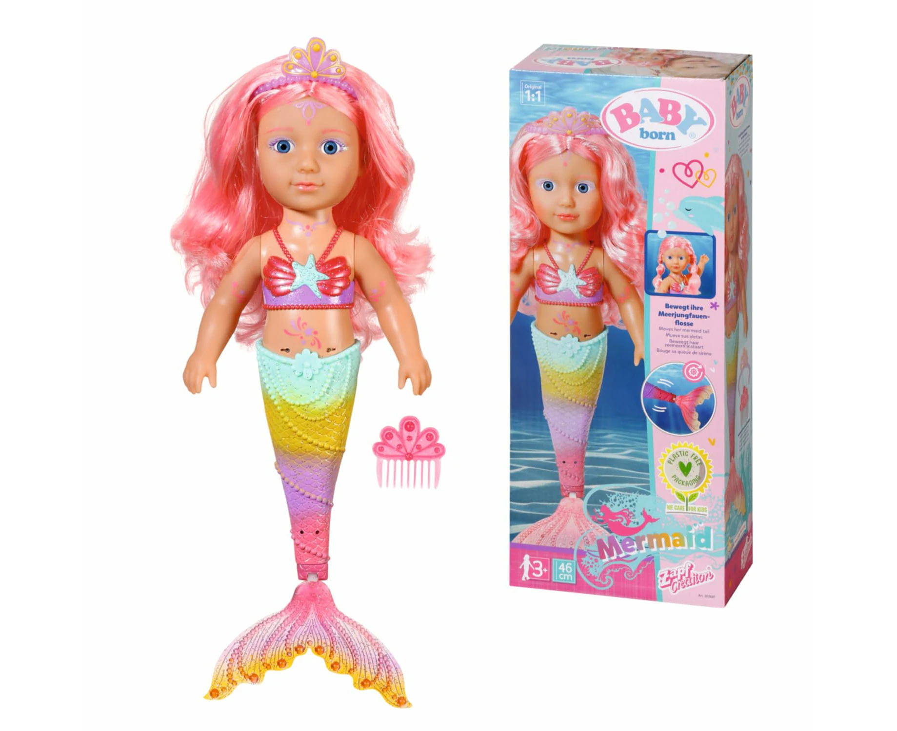 BABY born Little Sister Mermaid - 46cm Mermaid doll with body tattoos, a moving tail hair for styling - Includes comb and tiara - Suitable for children age