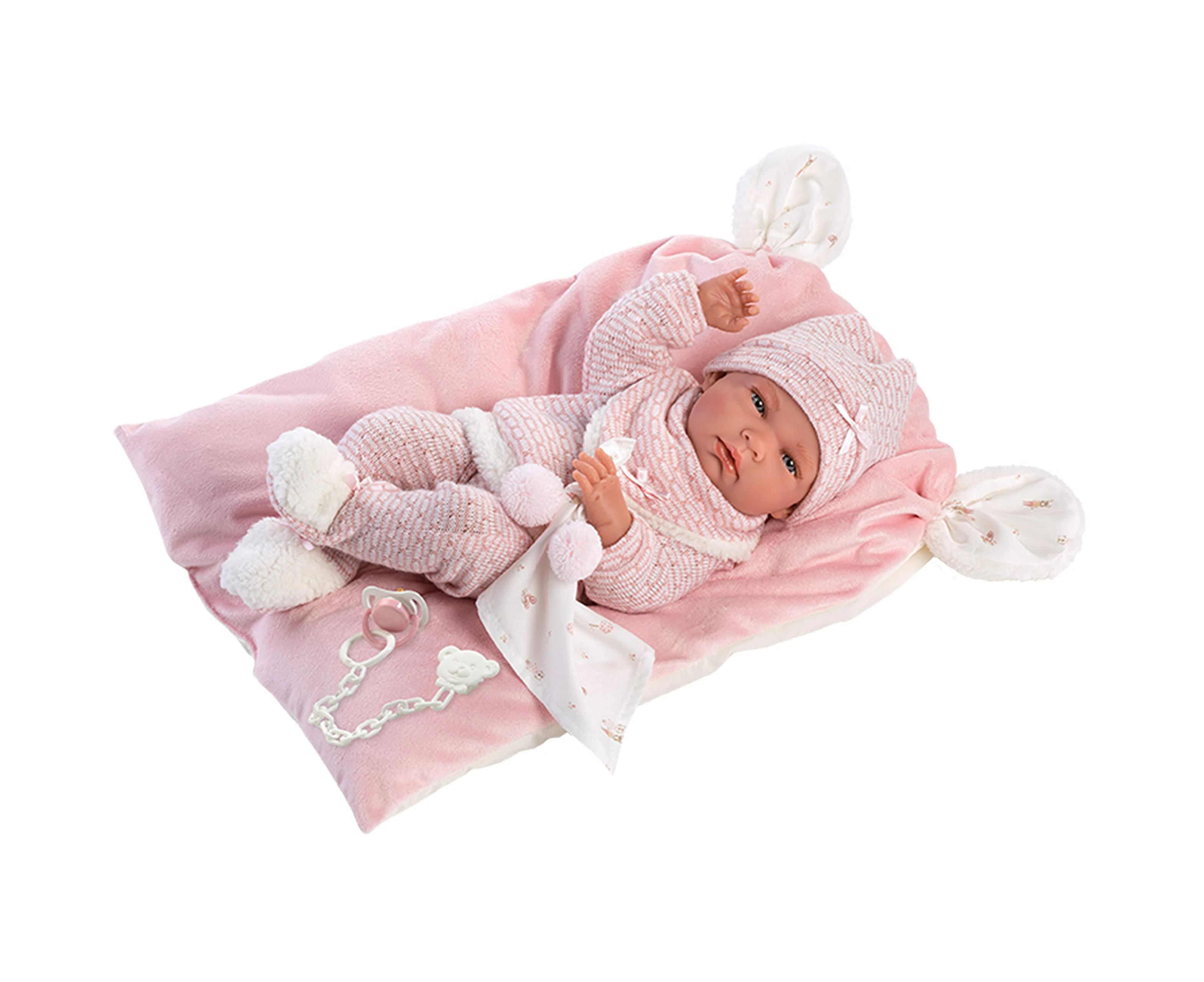 Llorens 73860 Nica Doll with Blue Eyes and Vinyl Body, Baby Doll with Pink Outfit, Cuddly Blanket, Dummy, Dummy Chain and Soft Cushion, 40 cm