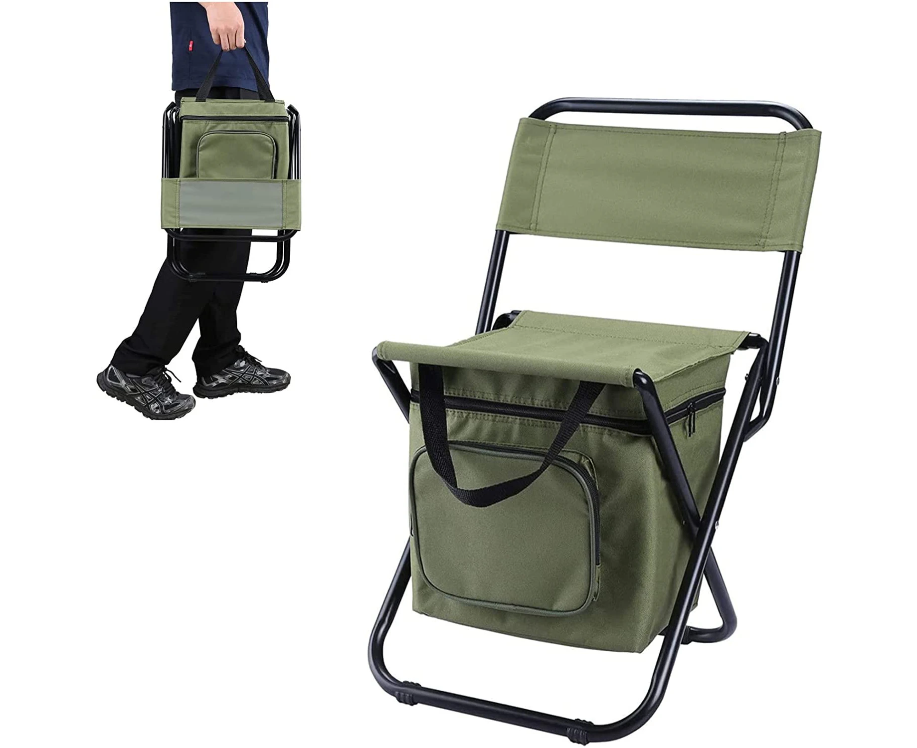 Portable Foldable Camping Chair with Cooler Bag, Lightweight Backrest Stool Compact Folding Chair Seat, Outdoor Backrest Stool with Folding Backpack