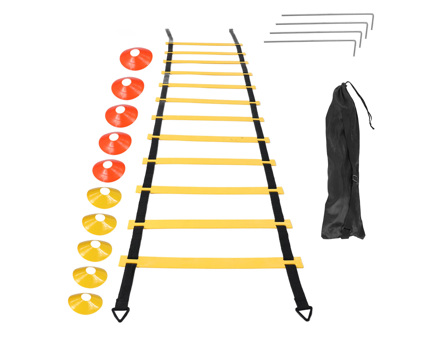 Sports Speed Agility Training Set 12 Disc Cones 4 Steel Stakes and Agility Ladder for Football Basketball Rugby Track