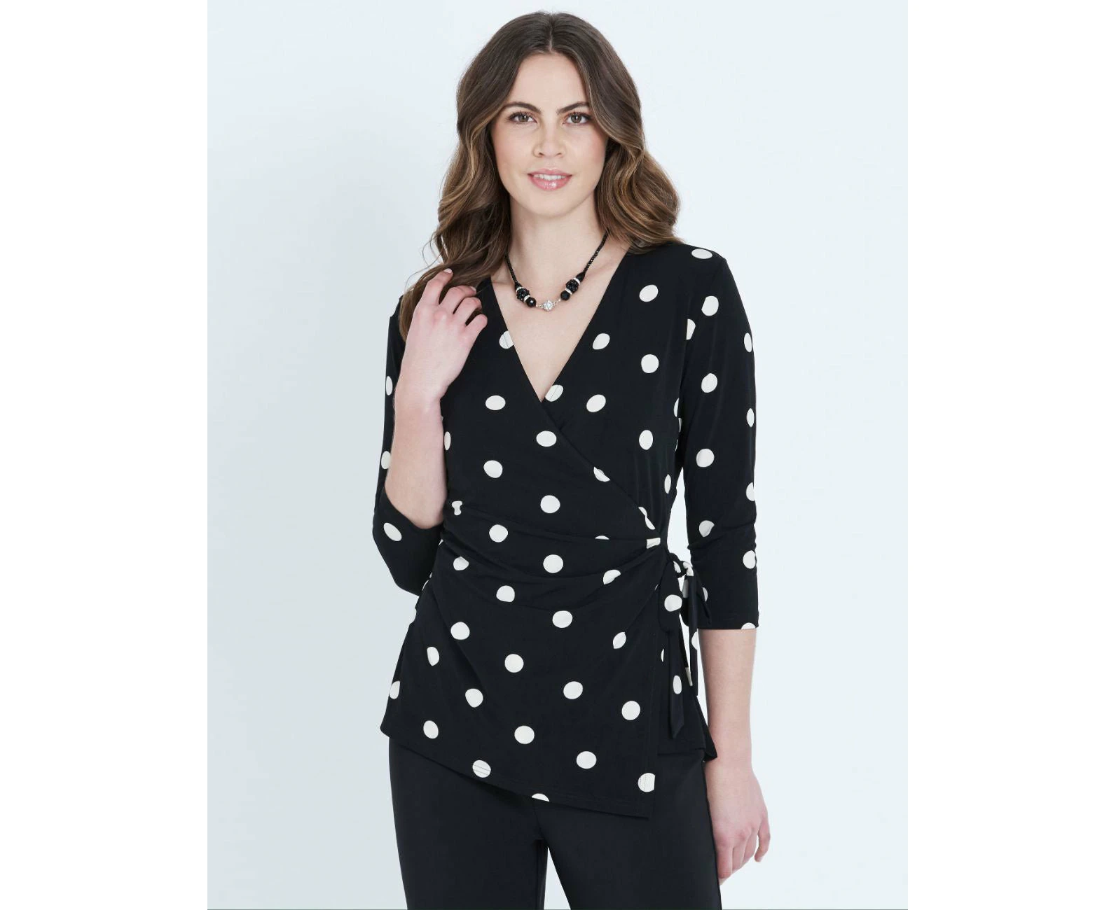 LIZ JORDAN - Womens Tops - 3/4 Slv Wrap Polka Dot Top