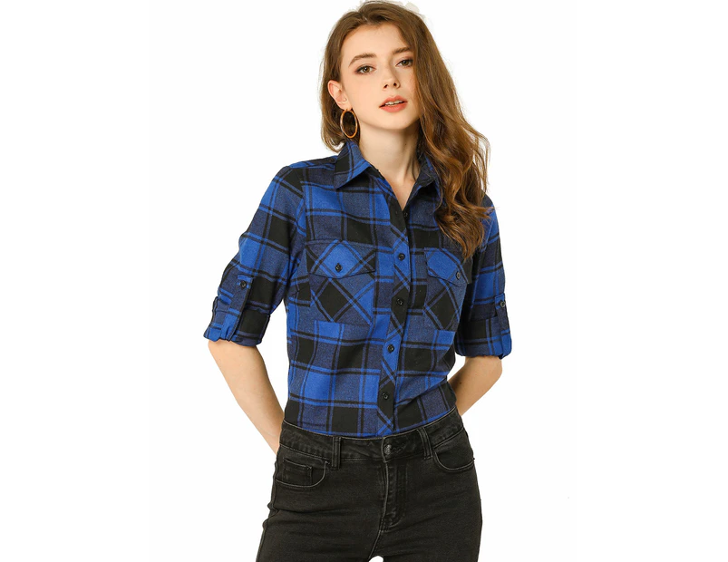 Allegra K Flap Pockets Brushed Shirt - Black Blue