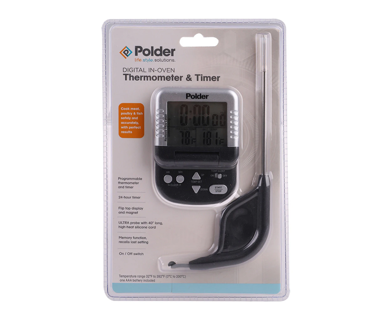 Polder Digital Display In-Oven Cooking Meat Probe Thermometer & Timer Black