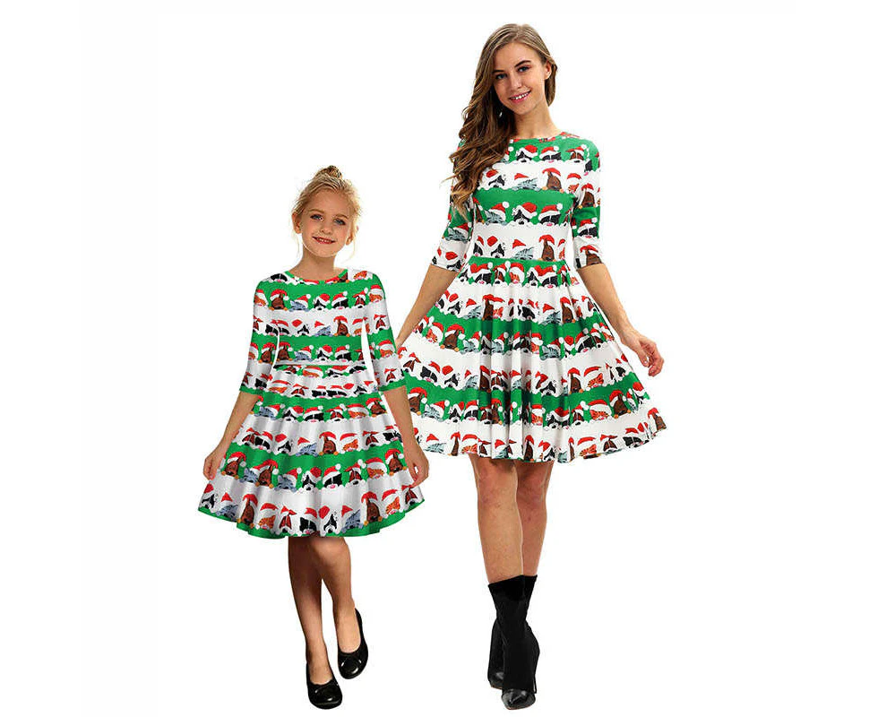 Dadawen Parent Child Christmas Print Mid Sleeve Dress-Green Santa Hat Animals