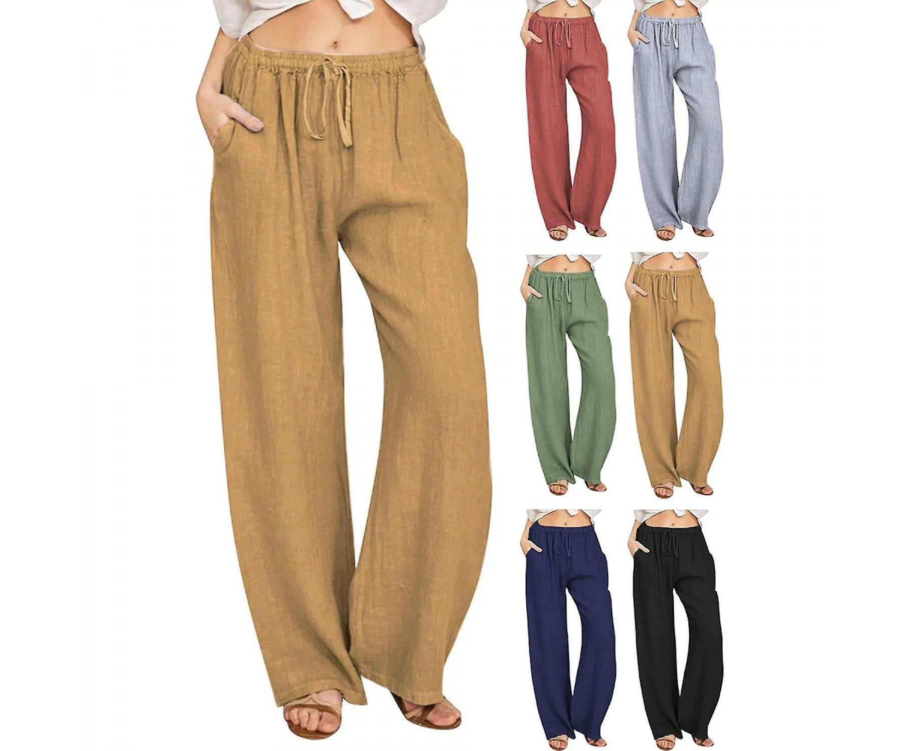 Women's Cotton Linen Pants Summer Wide Leg Casual Loose Drawstring High Waist Palazzo Pants Trousers with Pockets