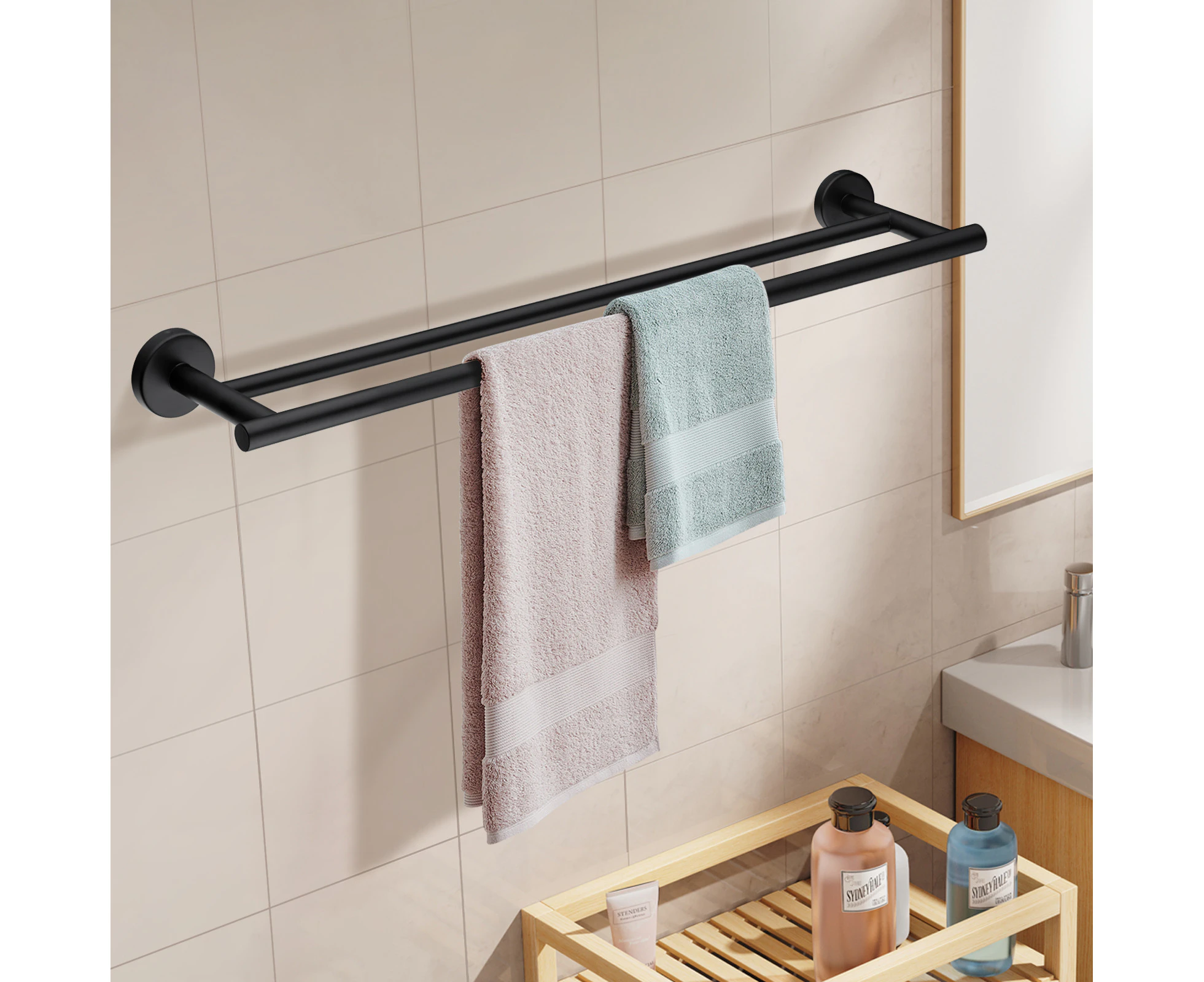 Towel Rail Round 755mm Bathroom towel rack shelf wall towel holder rack Black