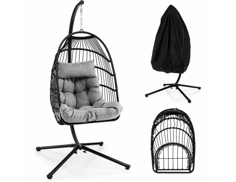 Costway Hanging Swing Chair Rustproof Chair w/Cushion & Headrest Pillow Lounge Chair Grey