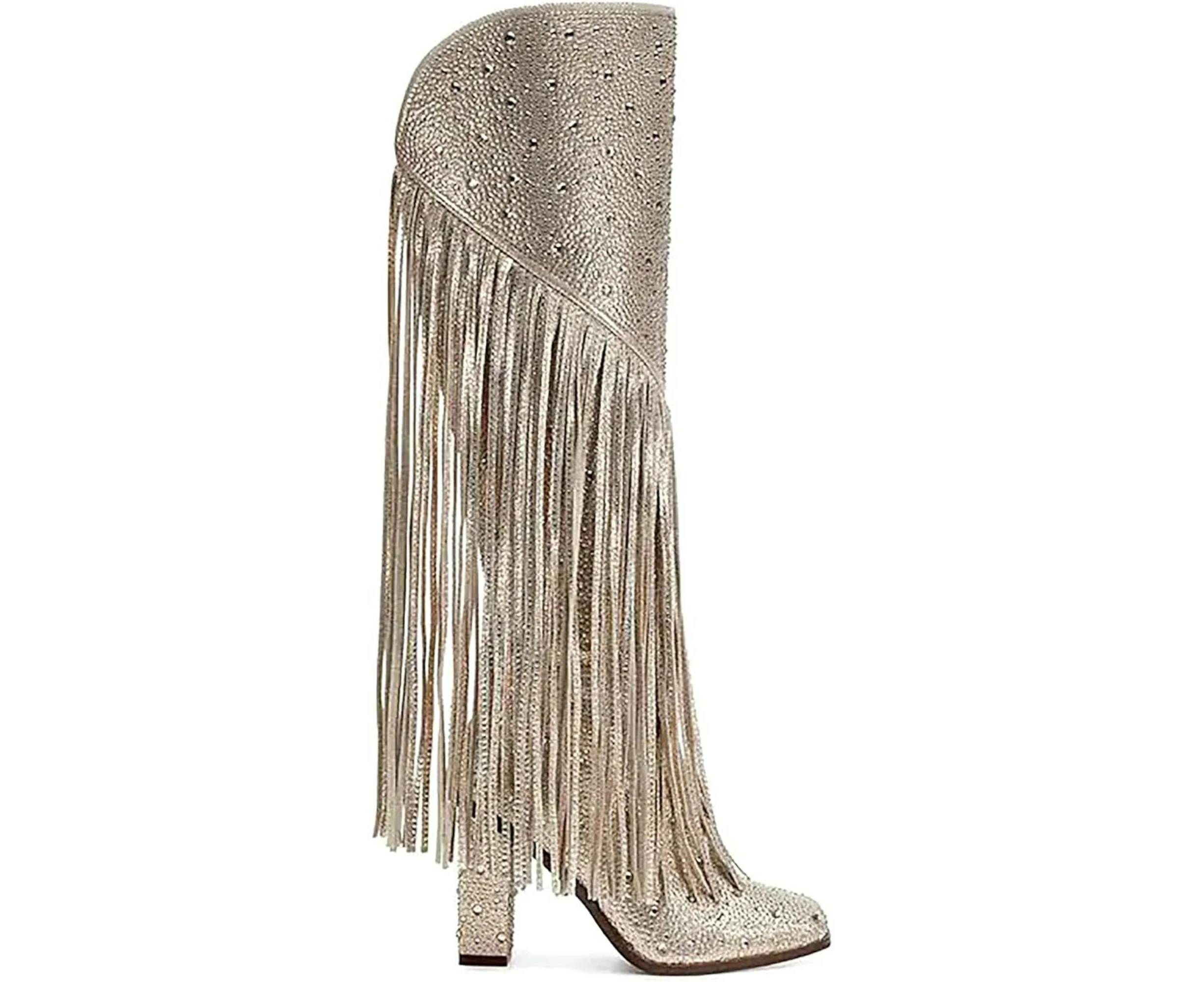 JESSICA SIMPSON Womens Beige Fringed Glitter Asire2 Round Toe Western Boot 5 M