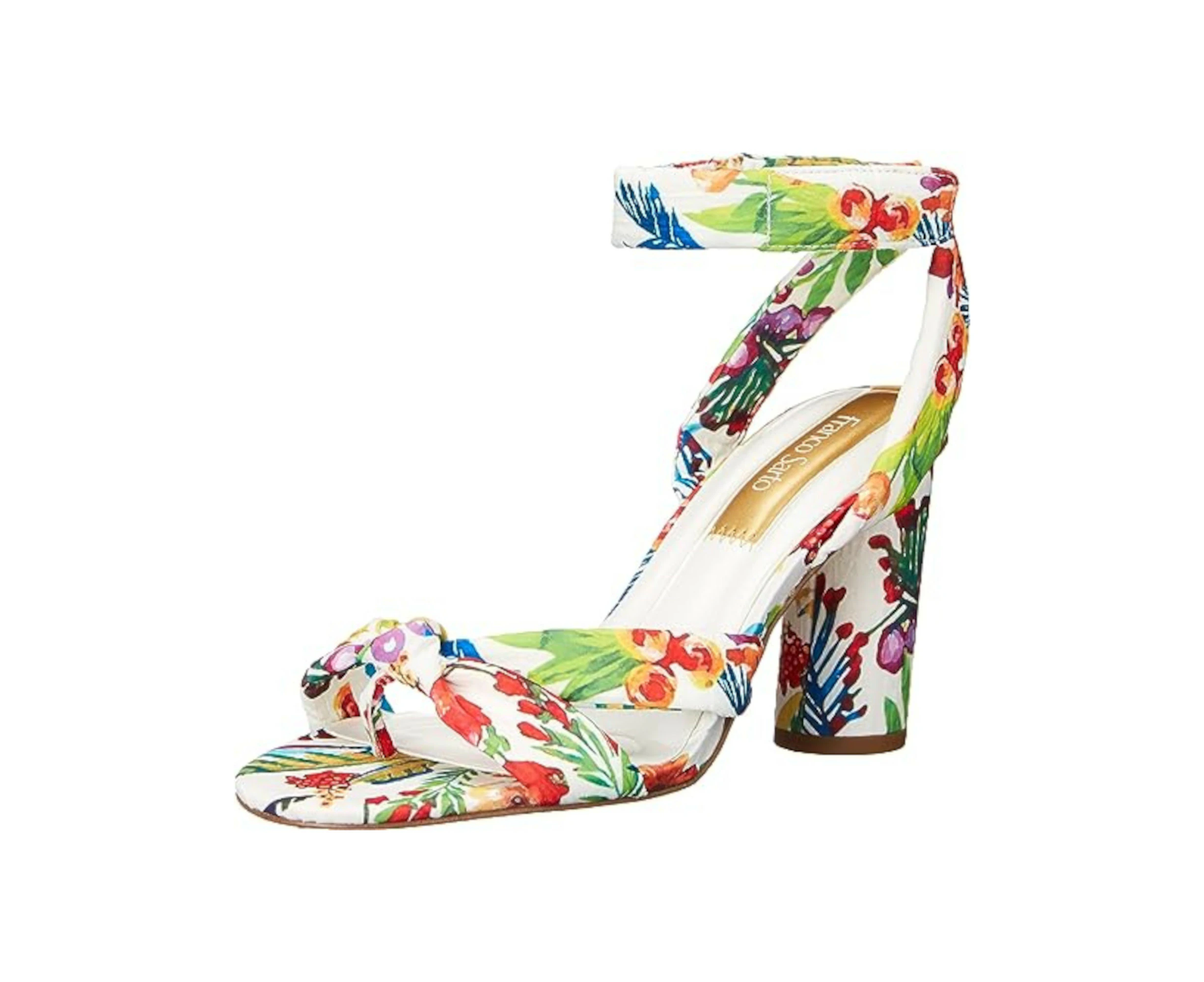 FRANCO SARTO Womens White Floral Ankle Strap Padded Oma Round Toe Block Heel Dress Heeled Sandal 5.5 M