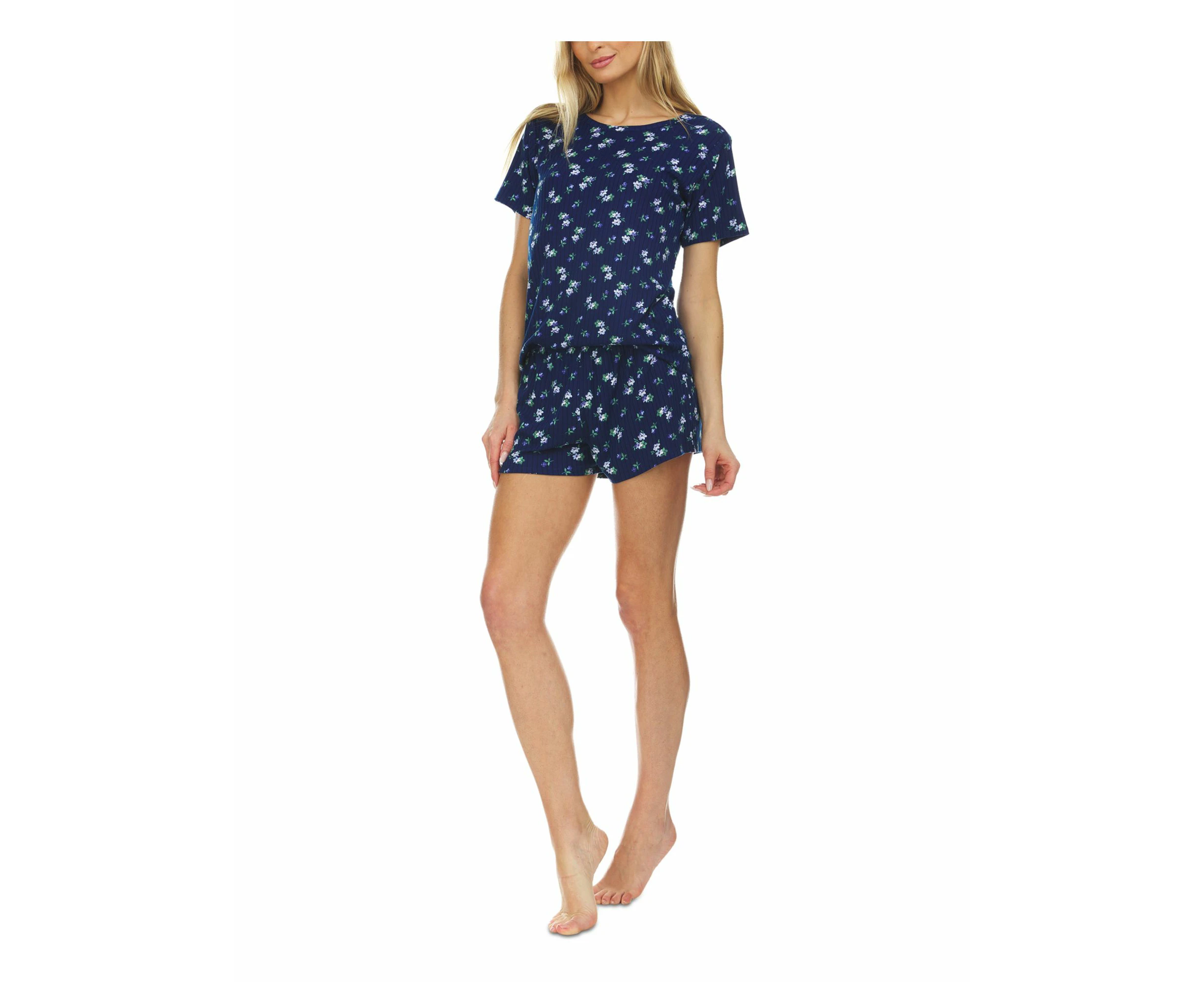 FLORA Womens By Flora Niktooz Navy Floral Ribbed Short Sleeve T-Shirt Top and Shorts Knit Pajamas XL