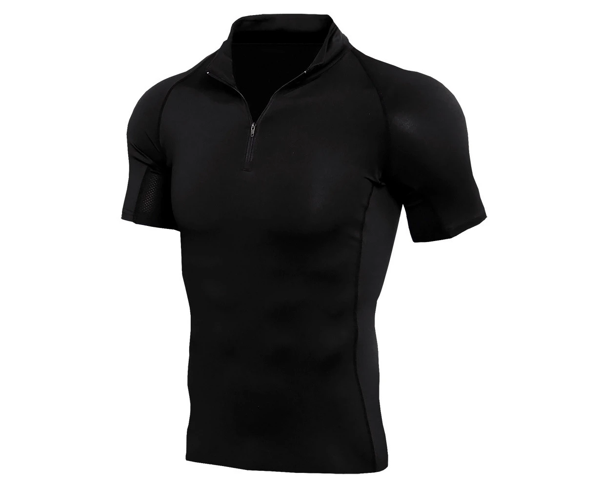 WeMeir Men's Short Sleeve Active Athletic Golf Polo Shirts Quick Dry Compression Shirts for Men Workout Training Tee Tops - Black