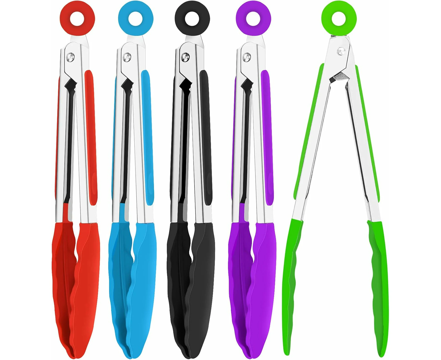 5 Pieces 7 Inch Silicone Small Tongs Set with Silicone Head Food Tongs Stainless Steel Cooking Tongs for Salad Grilling Blue Green Red Purple Black