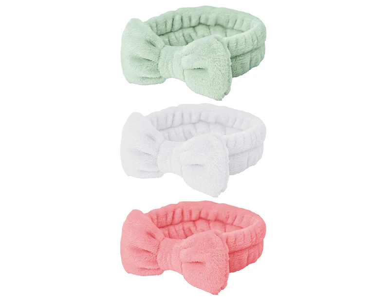 3Pcs Bowknot Headbands for Girls Women Lovely Soft Elastic Headband with Makeup Brush Set, Hair Wraps Makeup Bands Shower Headband