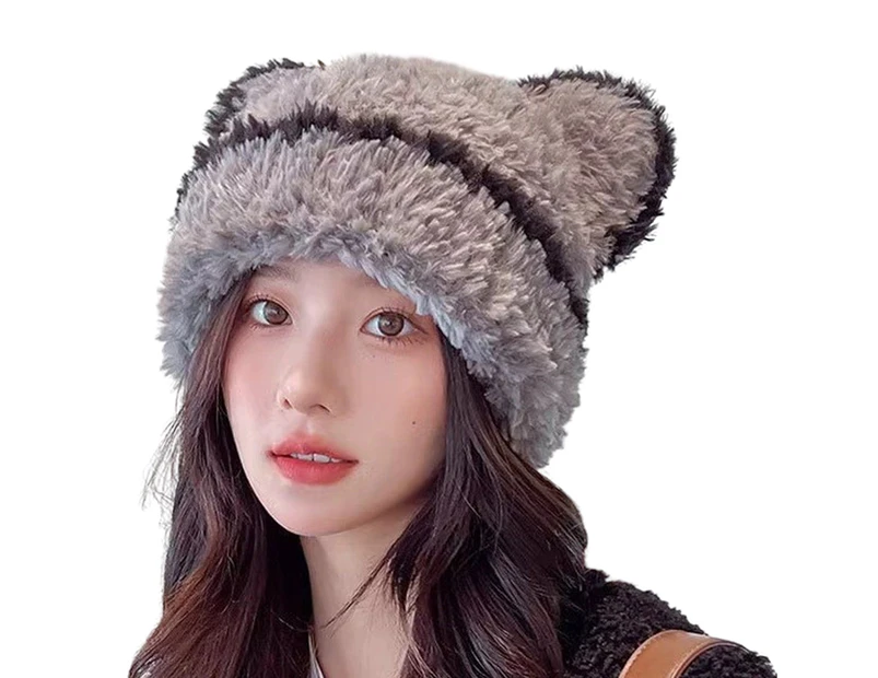 Dearanswer Fluffy Knit Beanie Hats for Women Winter Warm Soft Bear Ear Hat Animal Skull Cap Cold Weather Ski Hat