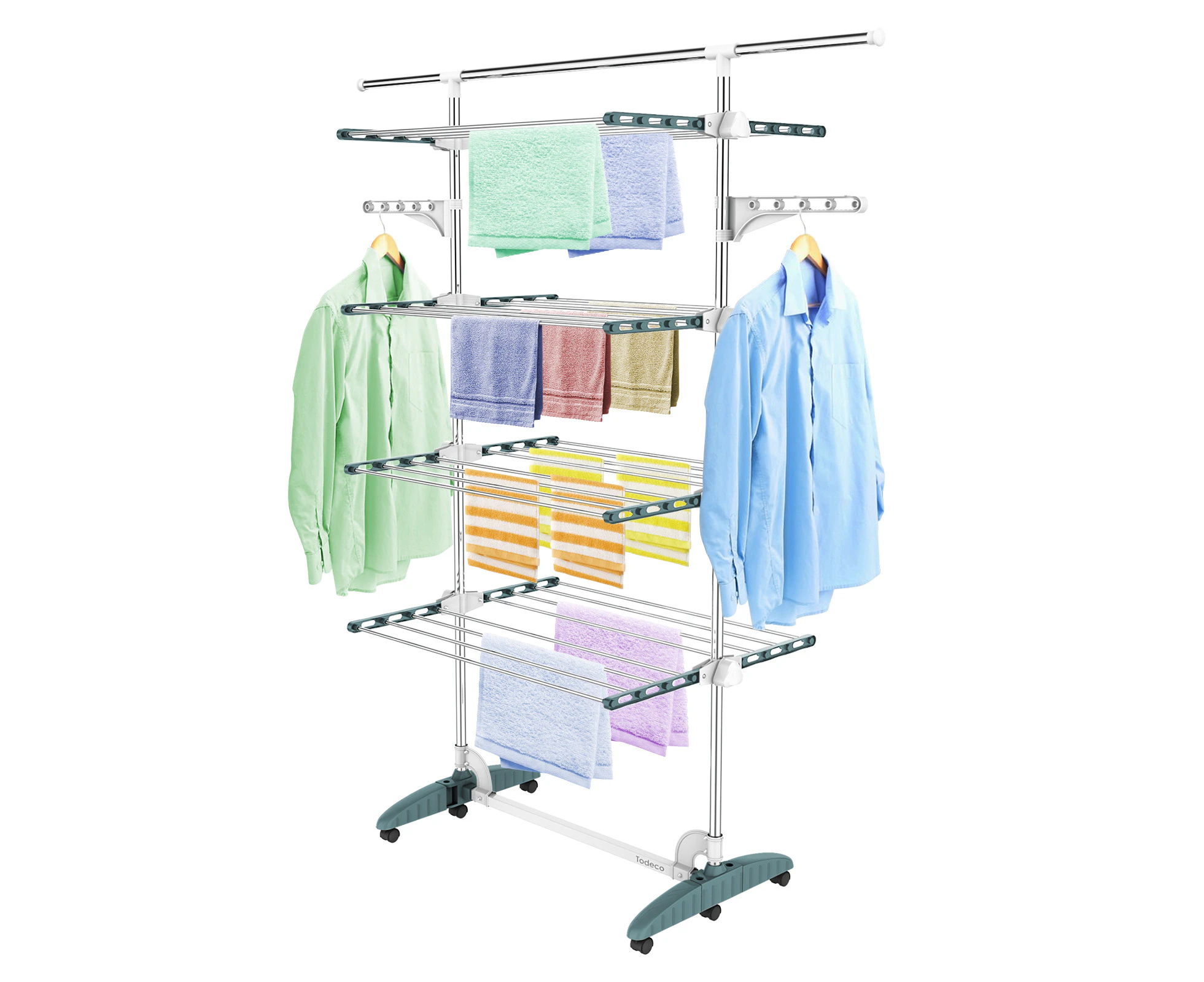 Todeco Clothes Drying Rack, 4 Tier Foldable Laundry Drying Rack with Extended Top Bar,High Load Capacity Stainless Steel Space-Saving Clothes Airer, teal