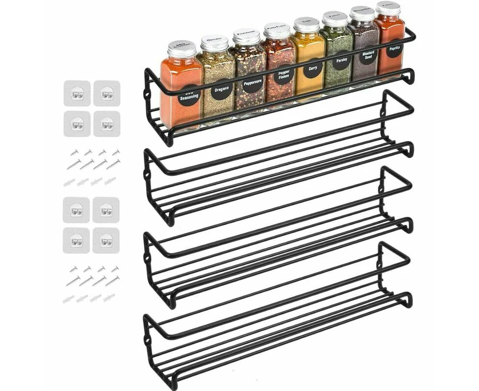 Set of 4 metal spice racks wall mounted with adhesive or screw, black,