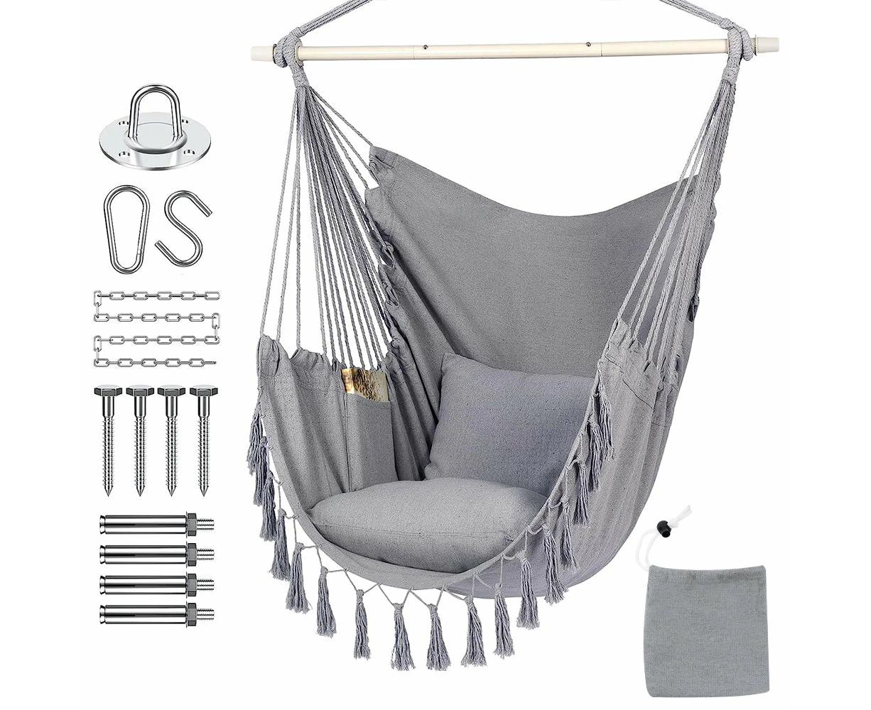 Vibe Geeks Hammock Chair Hanging Rope Swing With 2 Cushions-grey