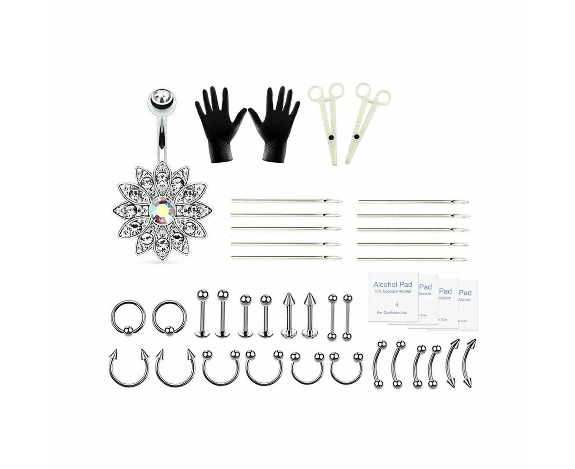 41pc Pro Body Piercing Tool Kit Ear Nose Stud Belly Navel Nipple Needles Set