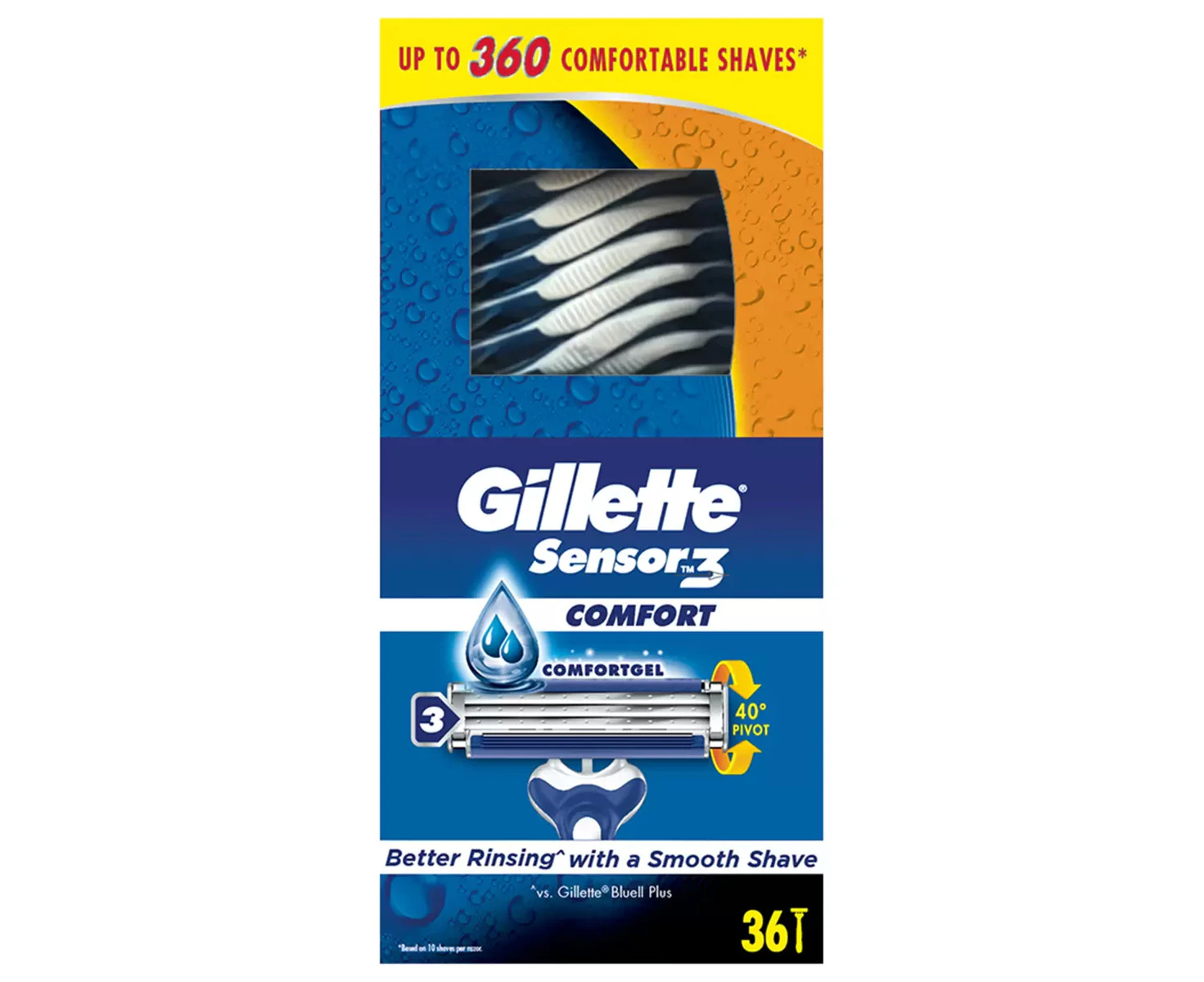 Gillette Sensor3 Disposable 36 Pack Pivoting Head Anti-slip Rubber Handle