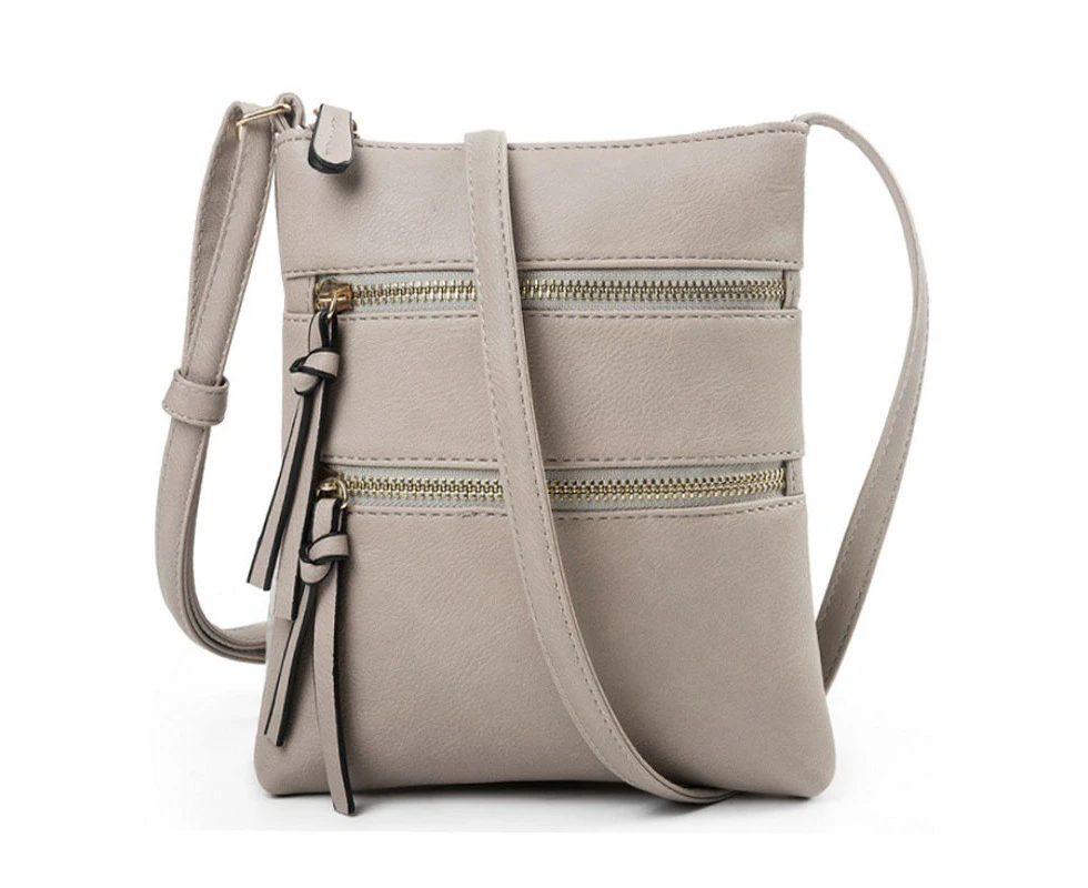 Leather Crossbody Purse for Women- 2 Zippers Small Crossover Long Over the Shoulder Sling Womens Purses and Handbags- Light Grey