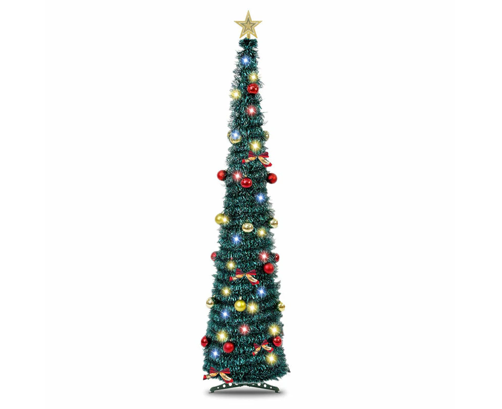 Toscano 5Ft Prelit Christmas Tree Pop Up Pencil Tree with 50 Color Lights Bows 15 Ball Ornament Holiday Xmas Party Decorations