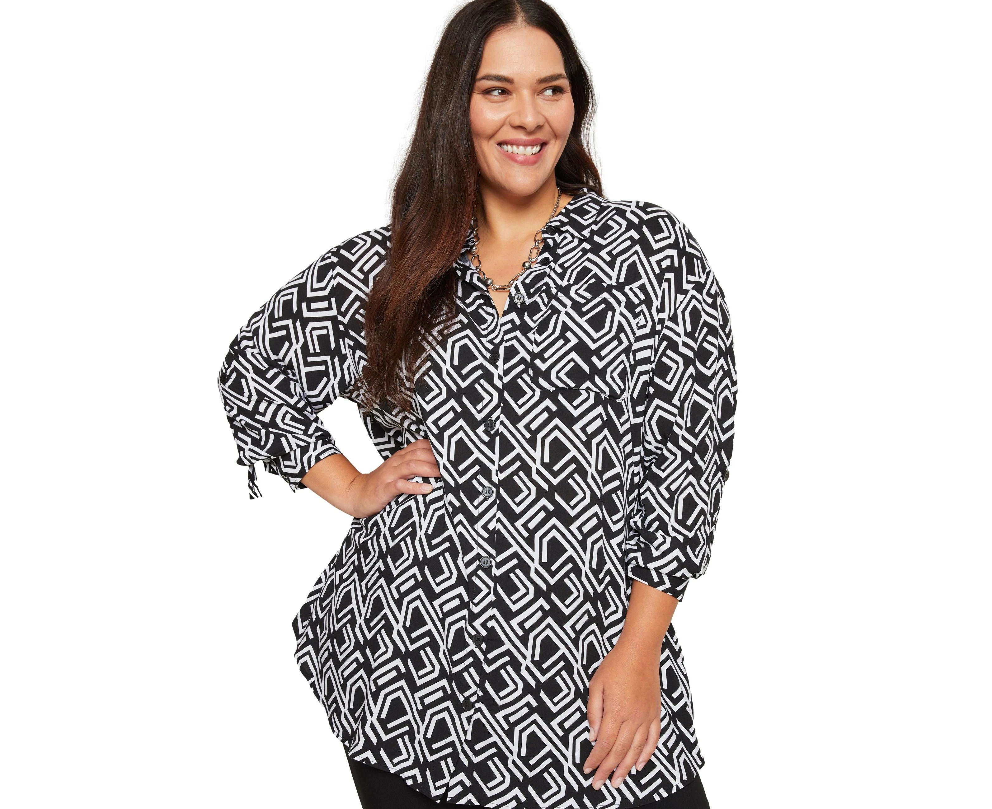 Autograph - Womens Plus Size - Tops - Winter - Blouse / Shirt - Black - 3/4 Sleeve - Length Long - Abstract - Casual Fashion Office Wear Work Clothes