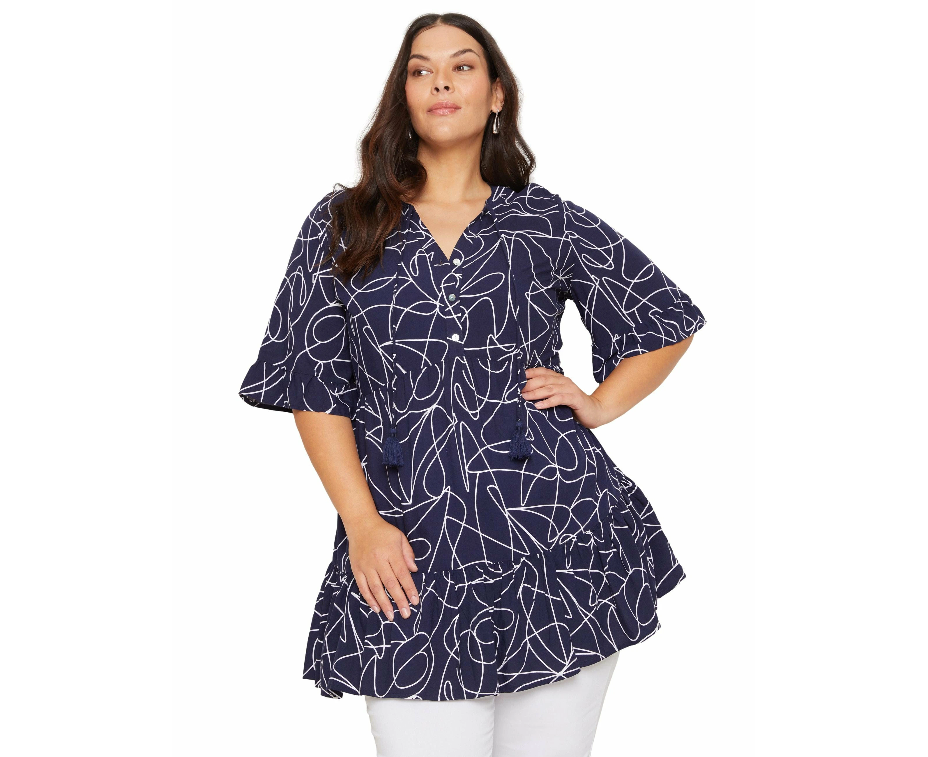 Autograph - Womens Plus Size - Tops - Summer - Tunic - Blue - Elbow Sleeve - V Neck - Relaxed Fit - Length Long - Abstract - Casual Work Clothes