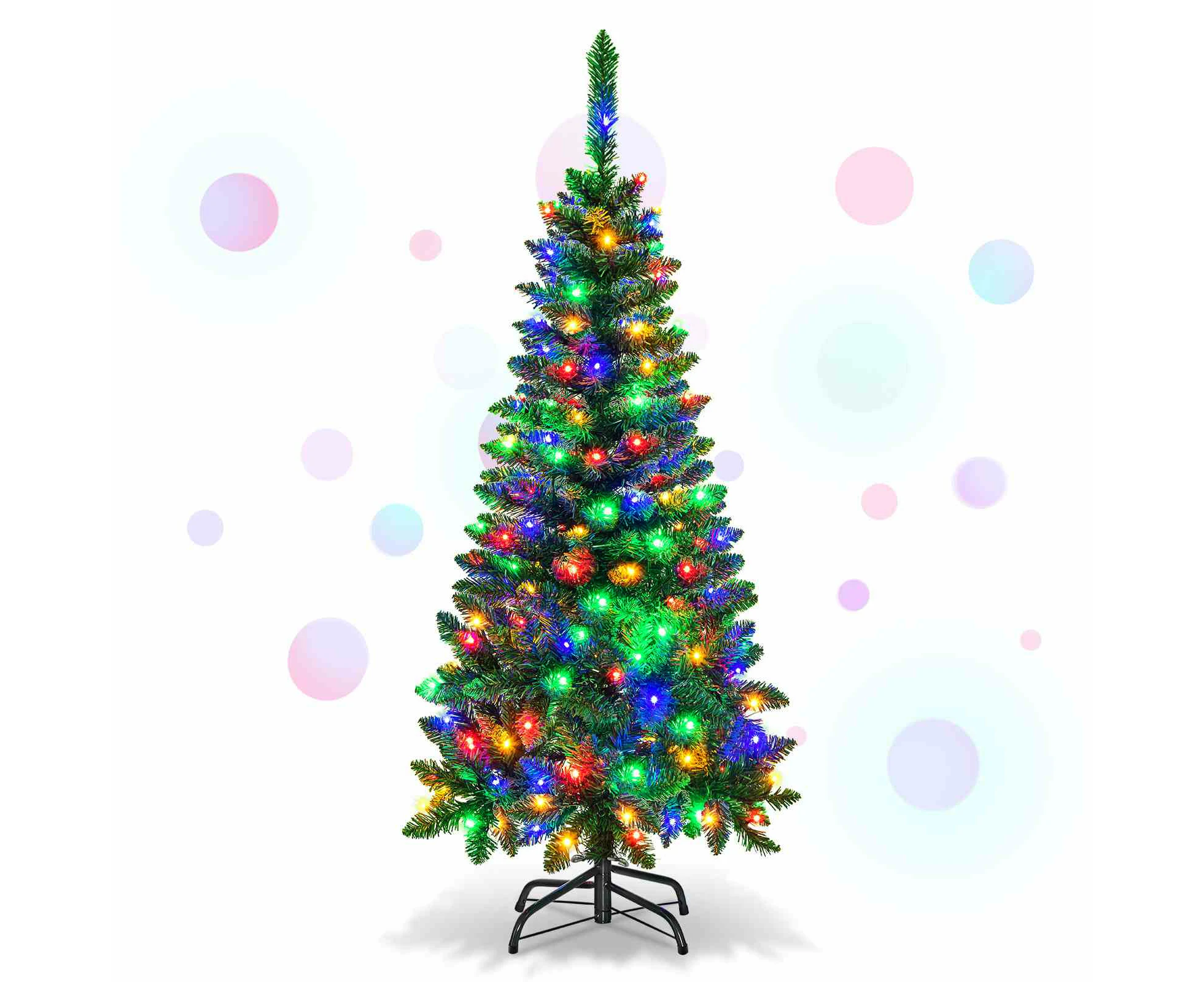 Costway 137cm Christmas Pencil Tree w/150 Colorful LED Lights Christmas Decoration Tree & Foldable Metal Stand & Superior PVC Leaves Multicolor