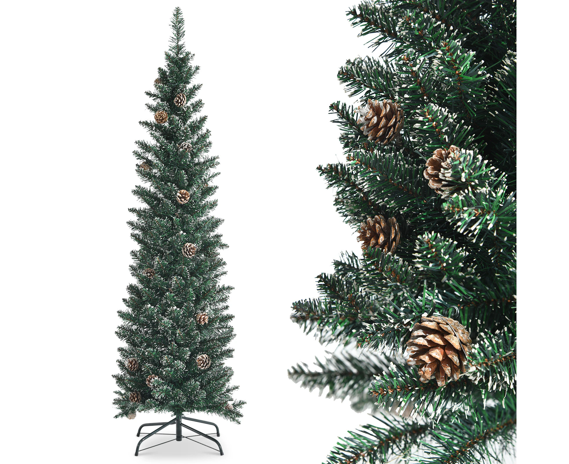 Costway 1.5M Slim Pencil Christmas Tree Pre-Decorated Xmas Tree Pine Cones Green